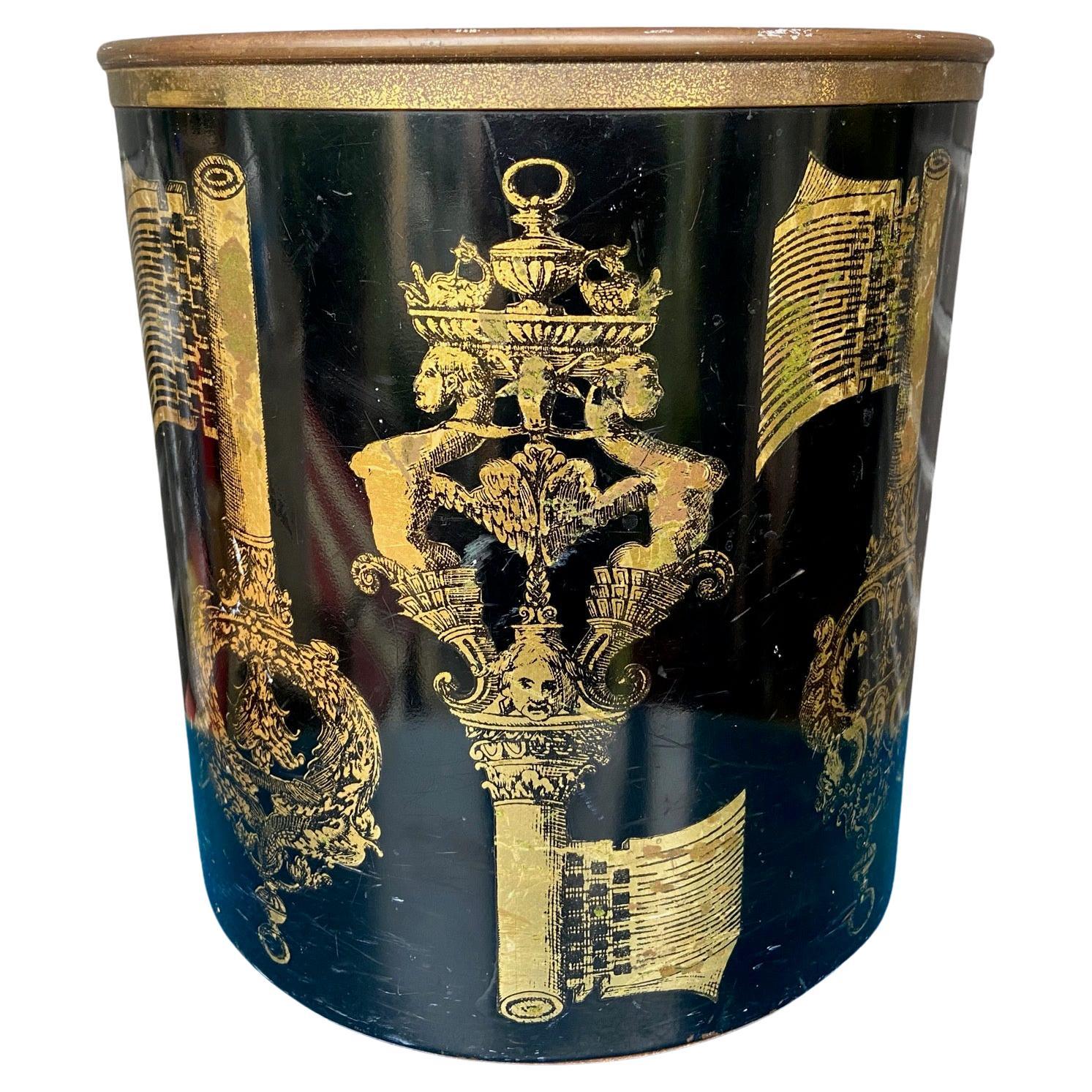 Piero Fornasetti 1950s Black and Gold Stencilled Key Design Paper Waste Basket