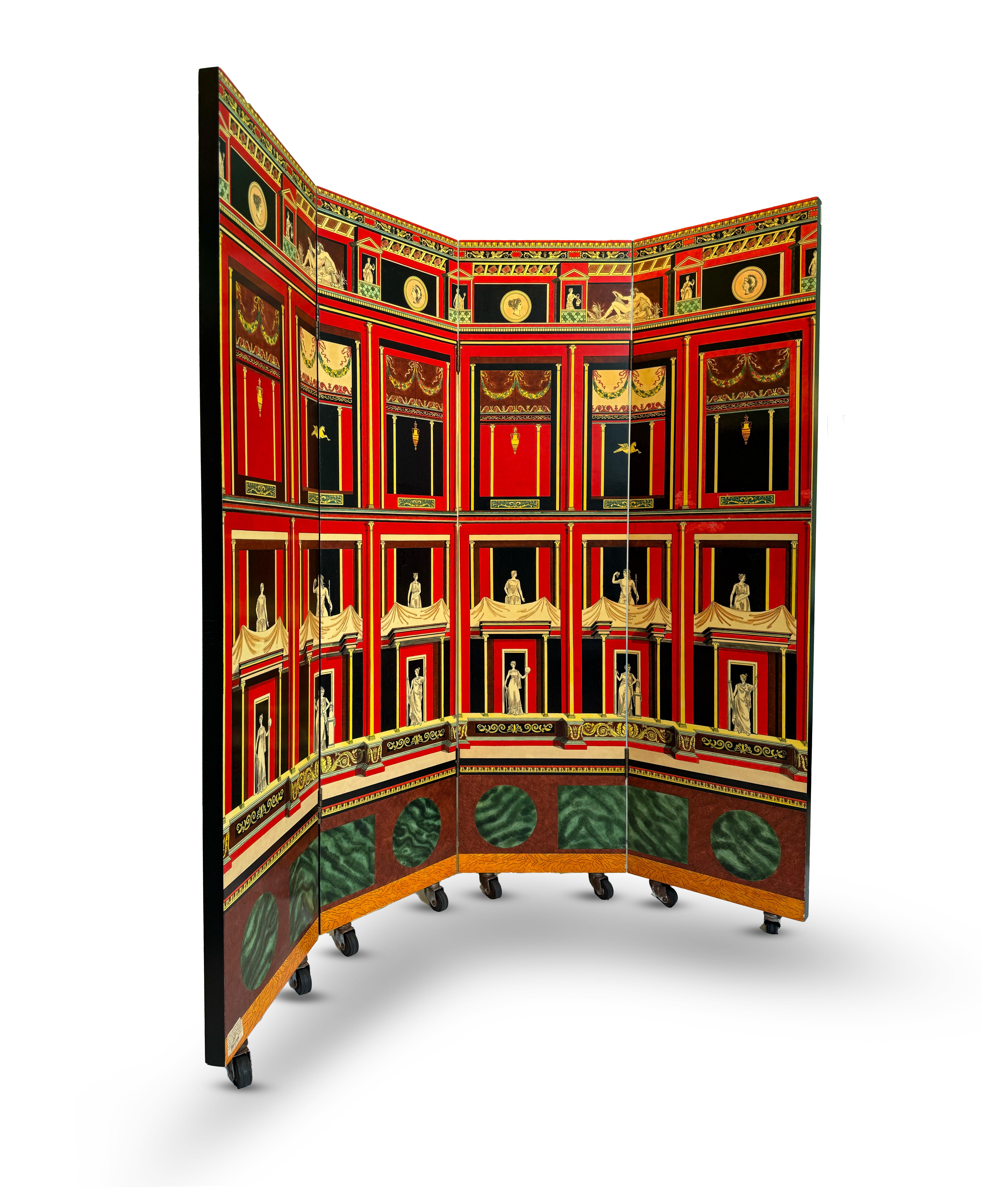 Mid-Century Modern Piero Fornasetti 1950's 'Pompeiana' Four-Panel Screen Italian Red Black Colour en vente
