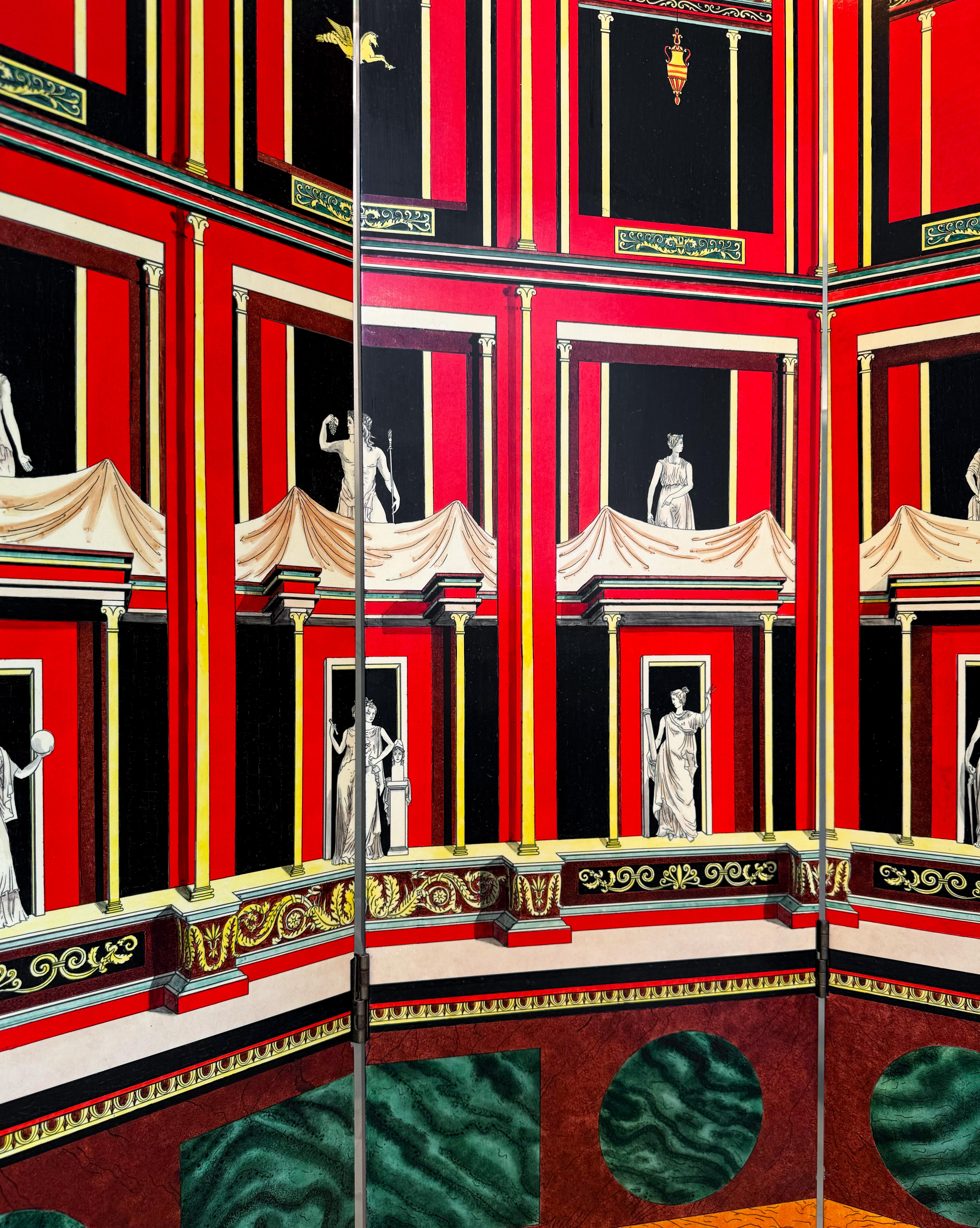 italien Piero Fornasetti 1950's 'Pompeiana' Four-Panel Screen Italian Red Black Colour en vente