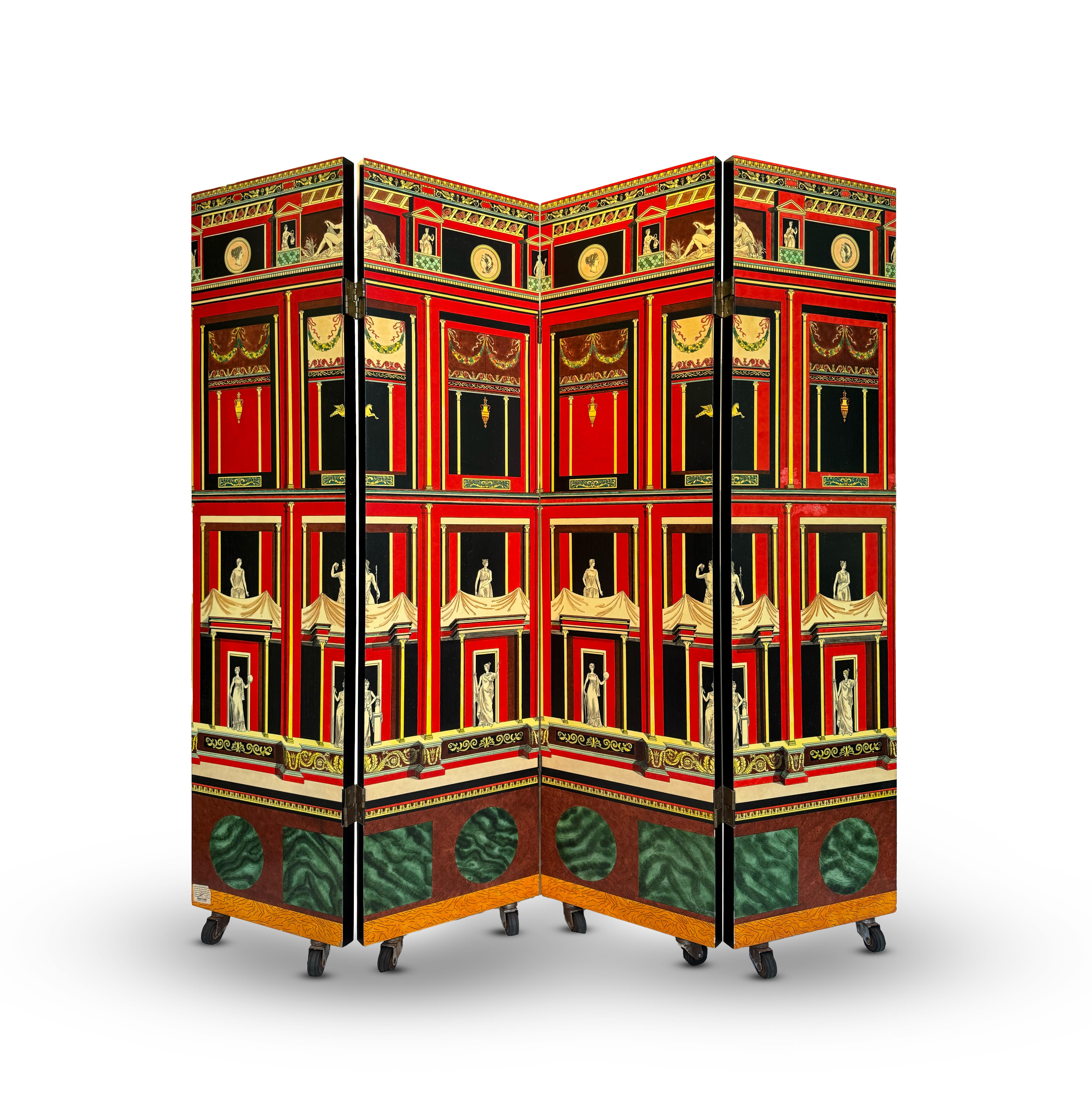 Milieu du XXe siècle Piero Fornasetti 1950's 'Pompeiana' Four-Panel Screen Italian Red Black Colour en vente