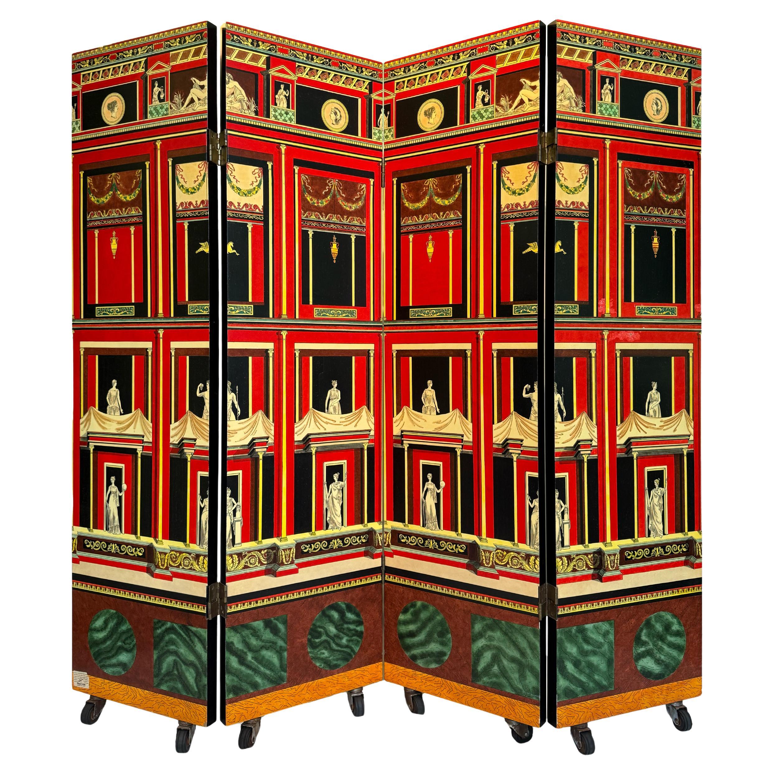 Piero Fornasetti 1950's 'Pompeiana' Four-Panel Screen Italian Red Black Colour