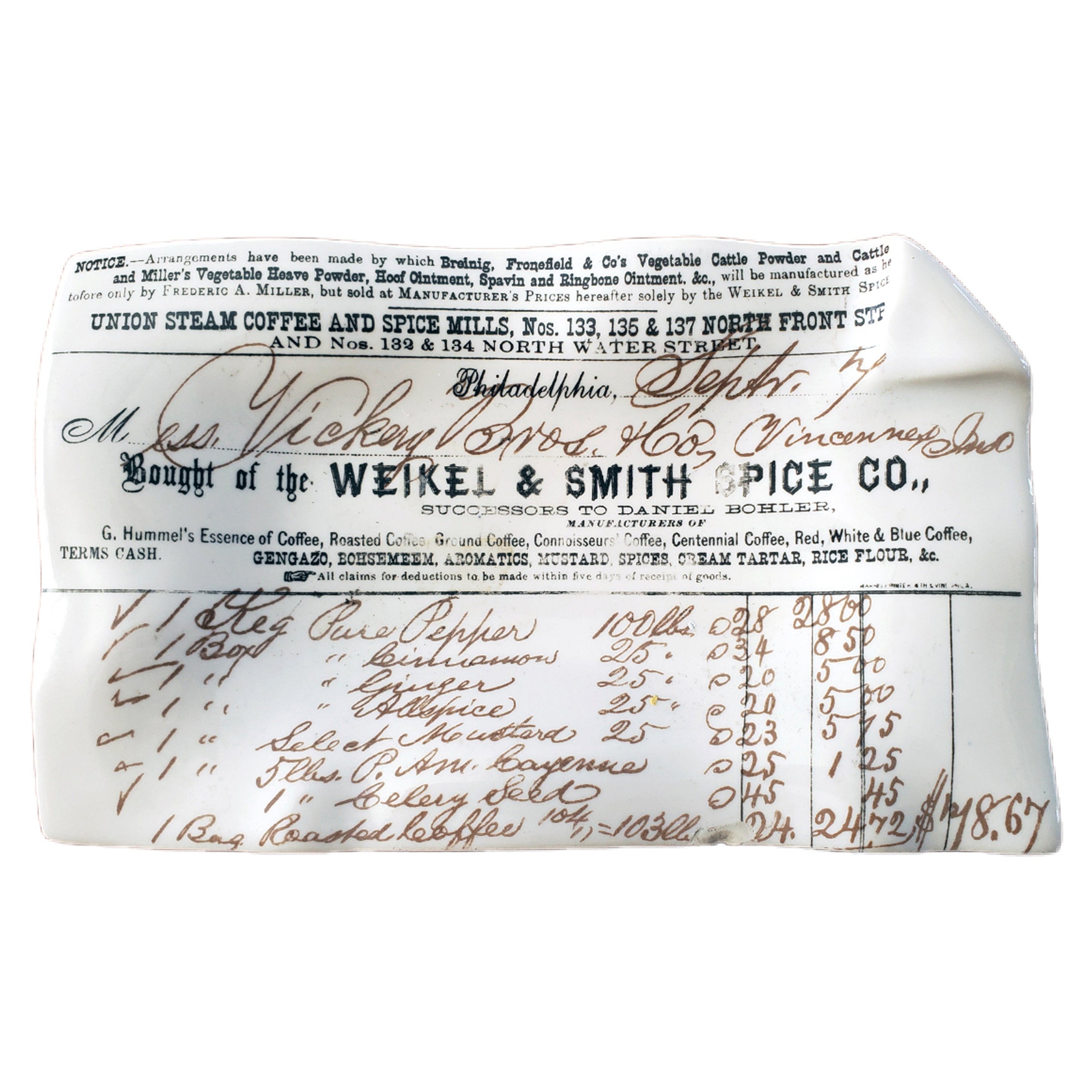 Cendrier de Piero Fornasetti représentant un Bill of Sale de Weikel 
Smith, Philadelphie en vente