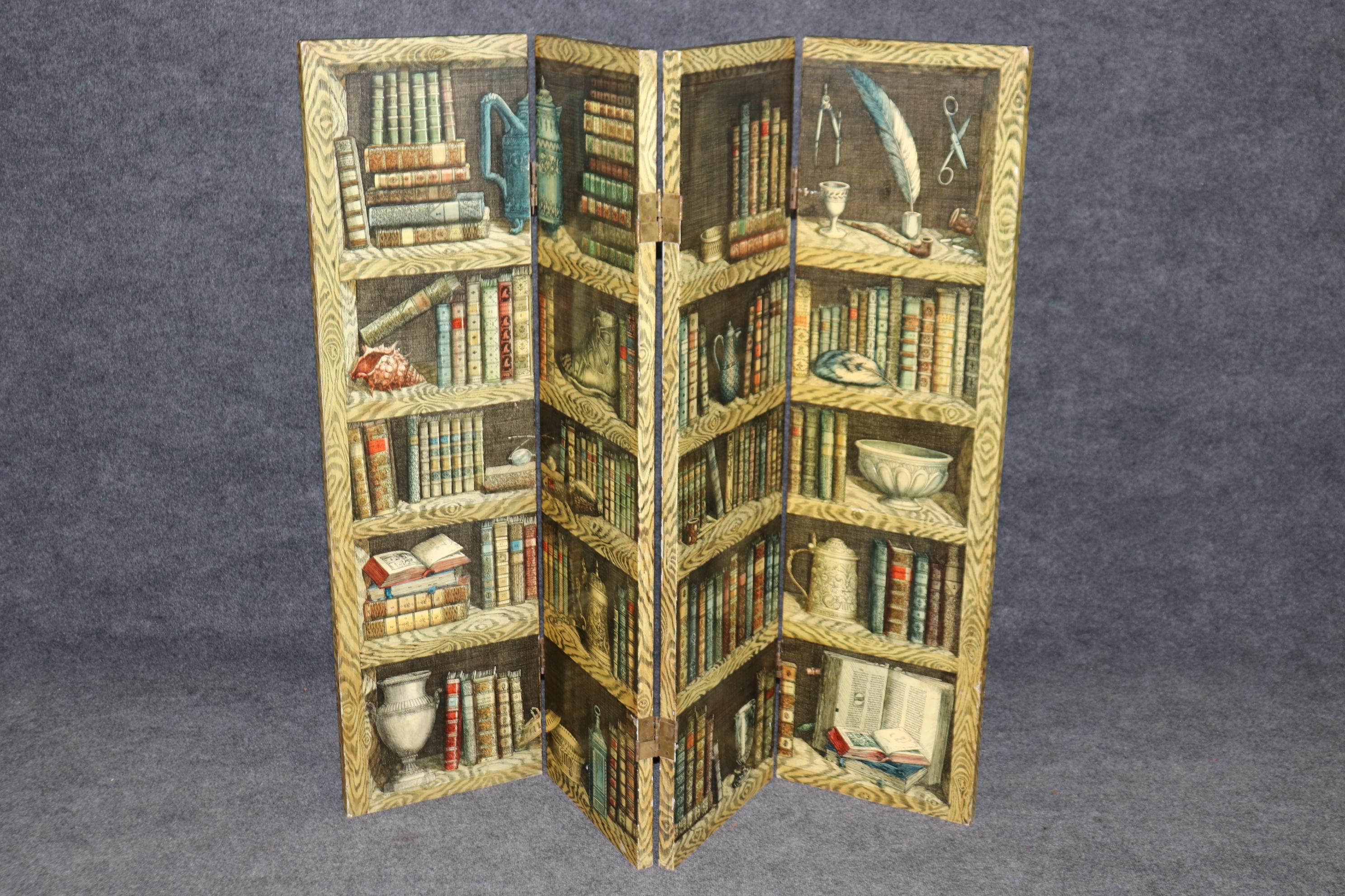 This is a fantastic monochromatic and Polychromatic screen depicting different variations of a library with feather quill pens and various decorative objects a library may have. One side is monochromatic and the verso is polychromatic which adds an