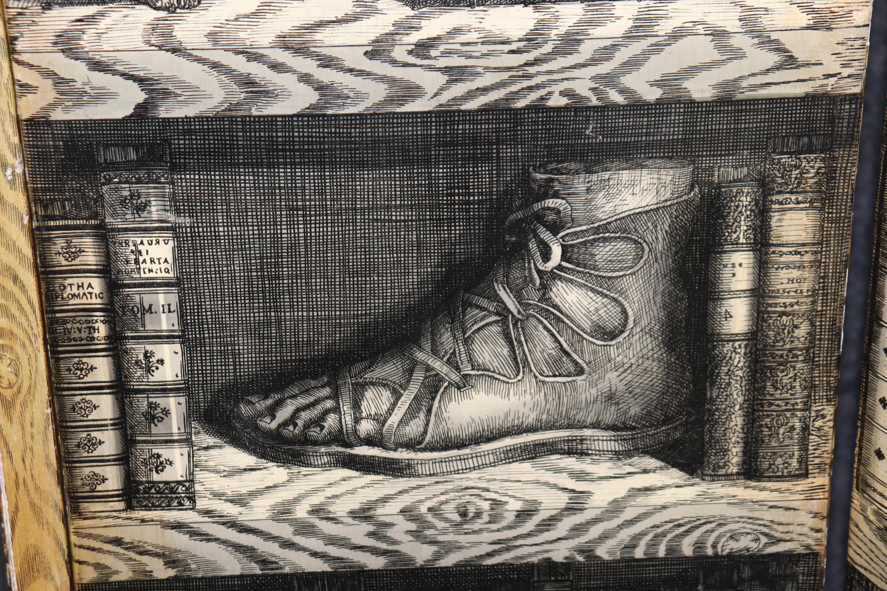 Mid-20th Century Piero Fornasetti Attributed 4 Panel Monochrome and Polychrome Folding Screen