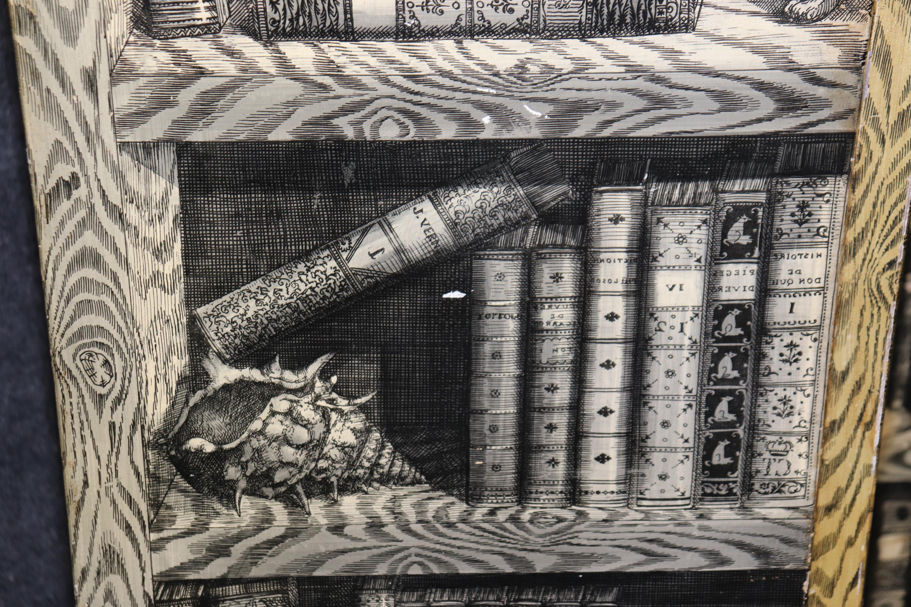 Walnut Piero Fornasetti Attributed 4 Panel Monochrome and Polychrome Folding Screen