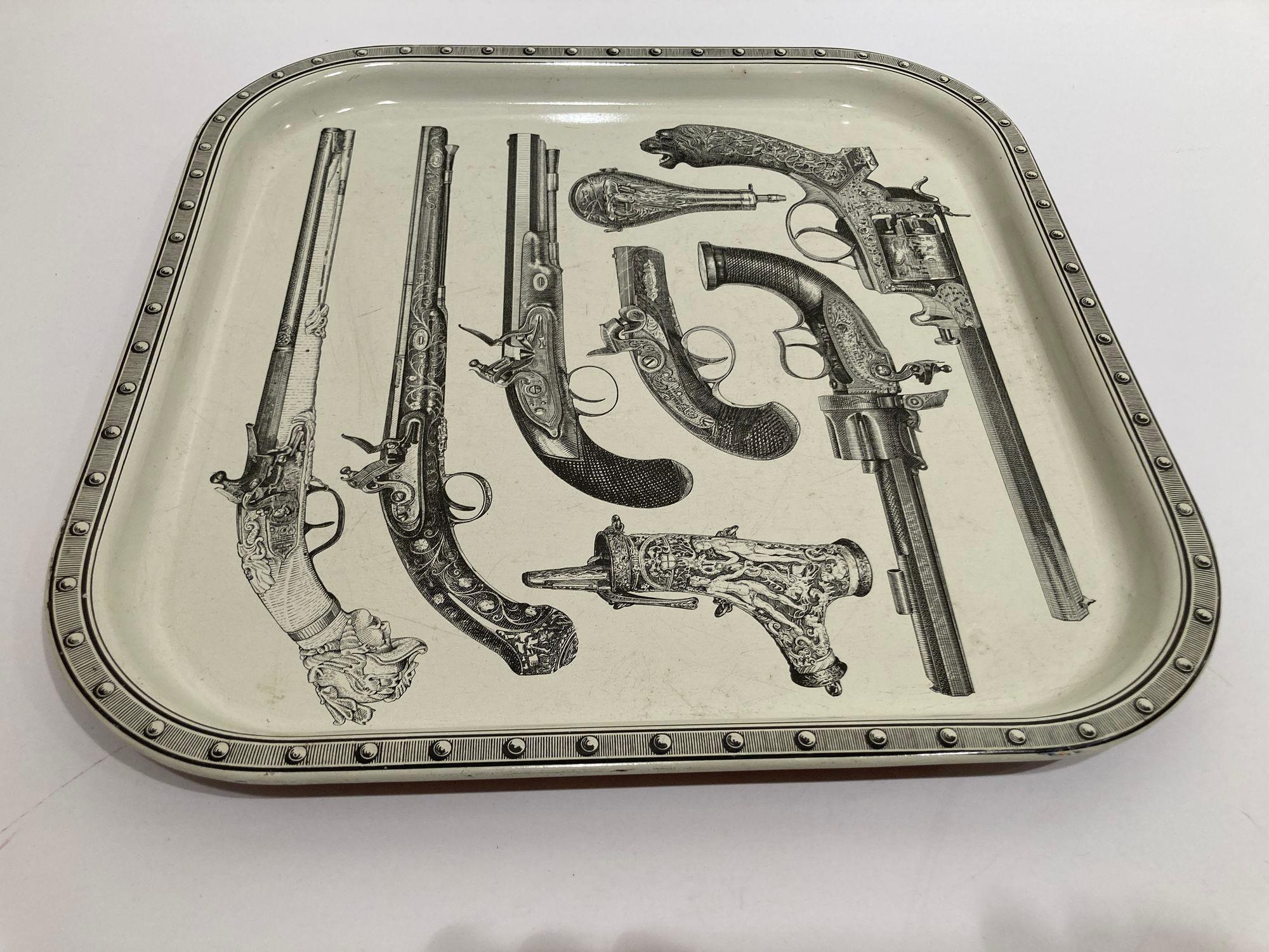 Mid-Century Modern Piero Fornasetti Attributed Pistol Barware Metal Serving Tray, 1960s For Sale