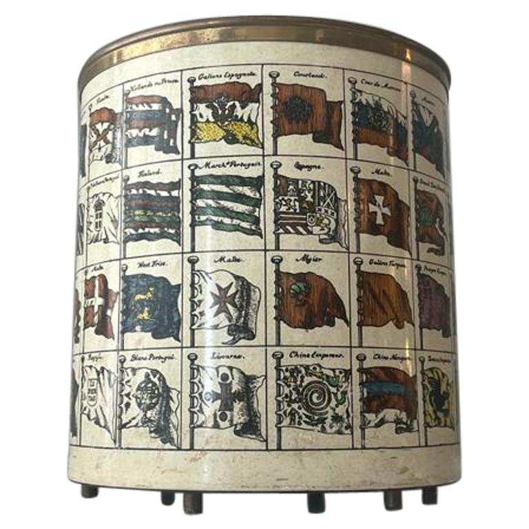Piero Fornasetti Bandiere Wastepaper Basket Silkscreened Metal Brass, 1960