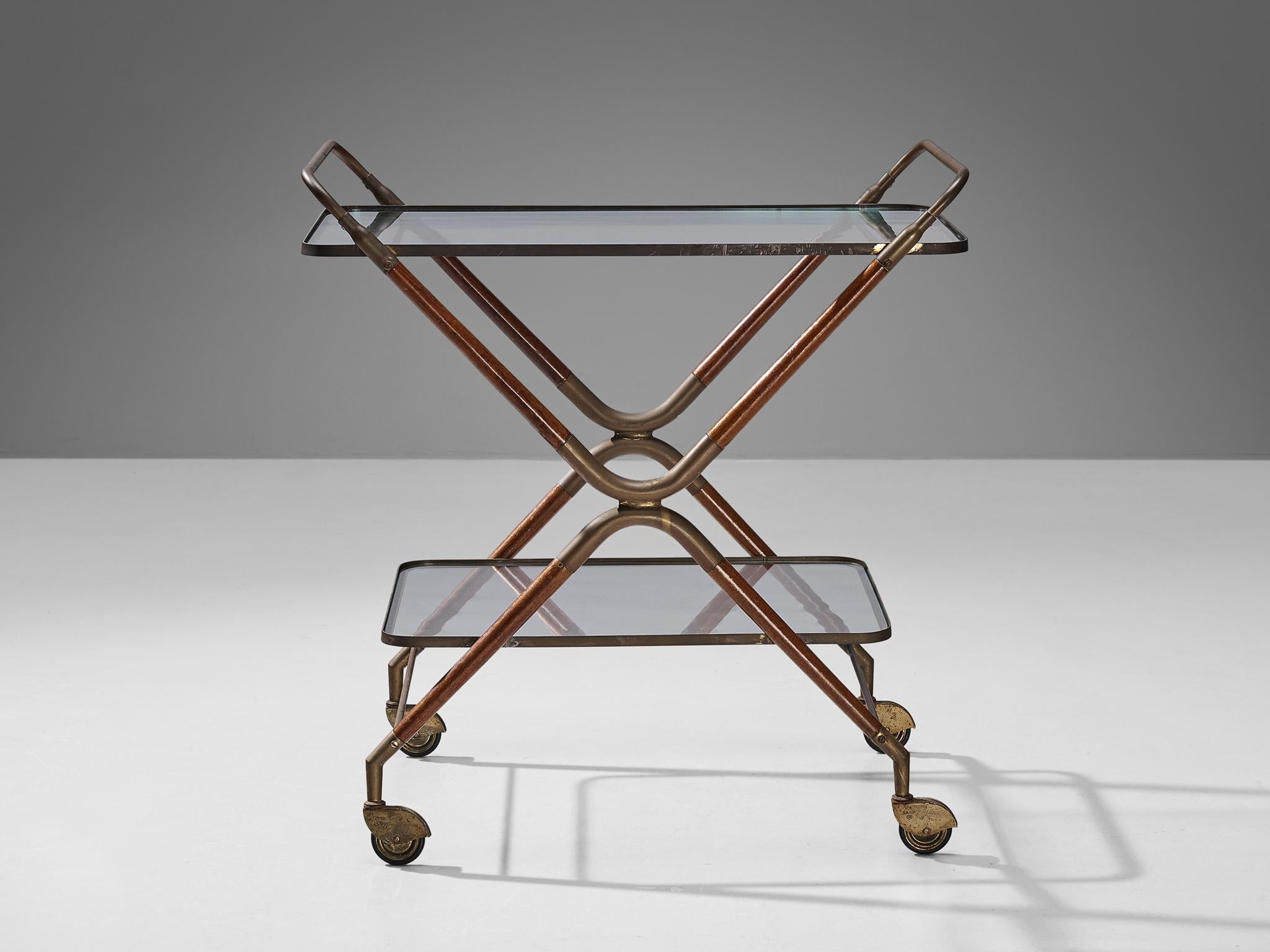 Italian Piero Fornasetti Bar Cart in Glass and Brass For Sale