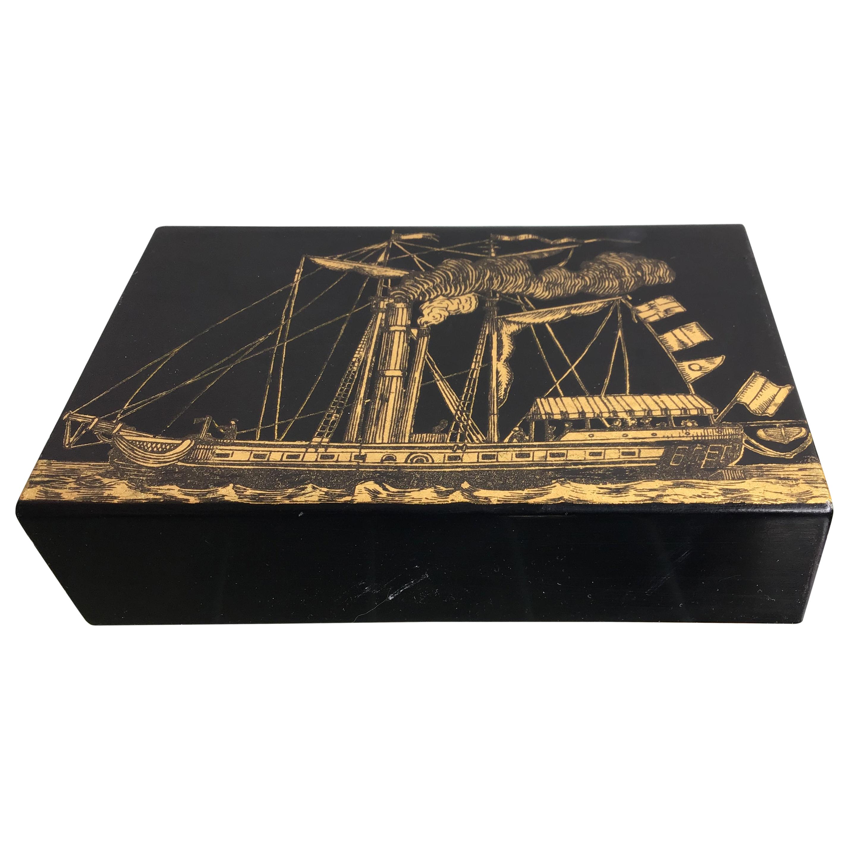 Piero Fornasetti Box Wood Metal Crome Gold, 1960, Italy  For Sale