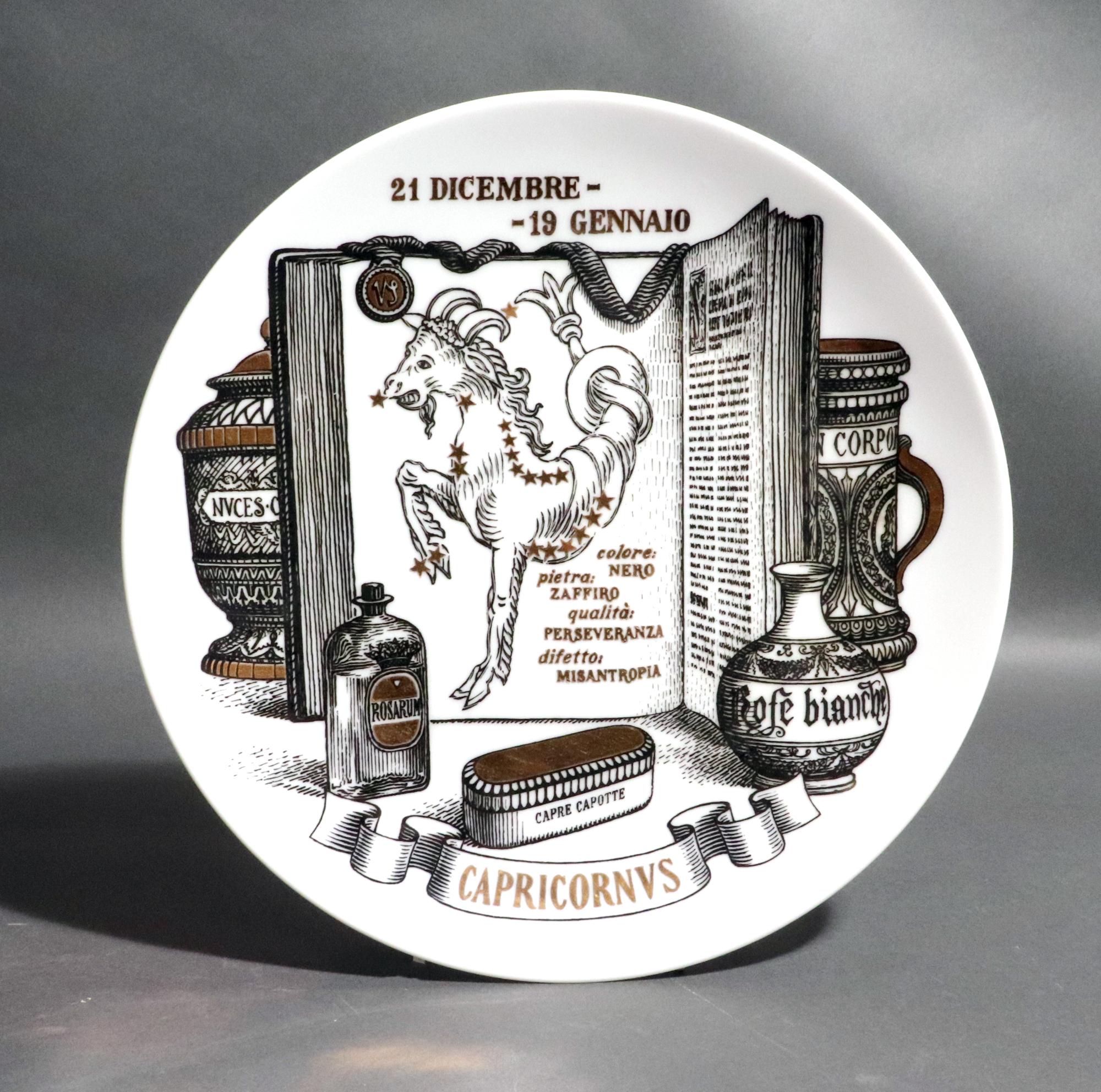 Piero Fornasetti Capricorn Zodiaci Porcelain Plate,
Made for Crinos,
#9 in Series,
Titled 