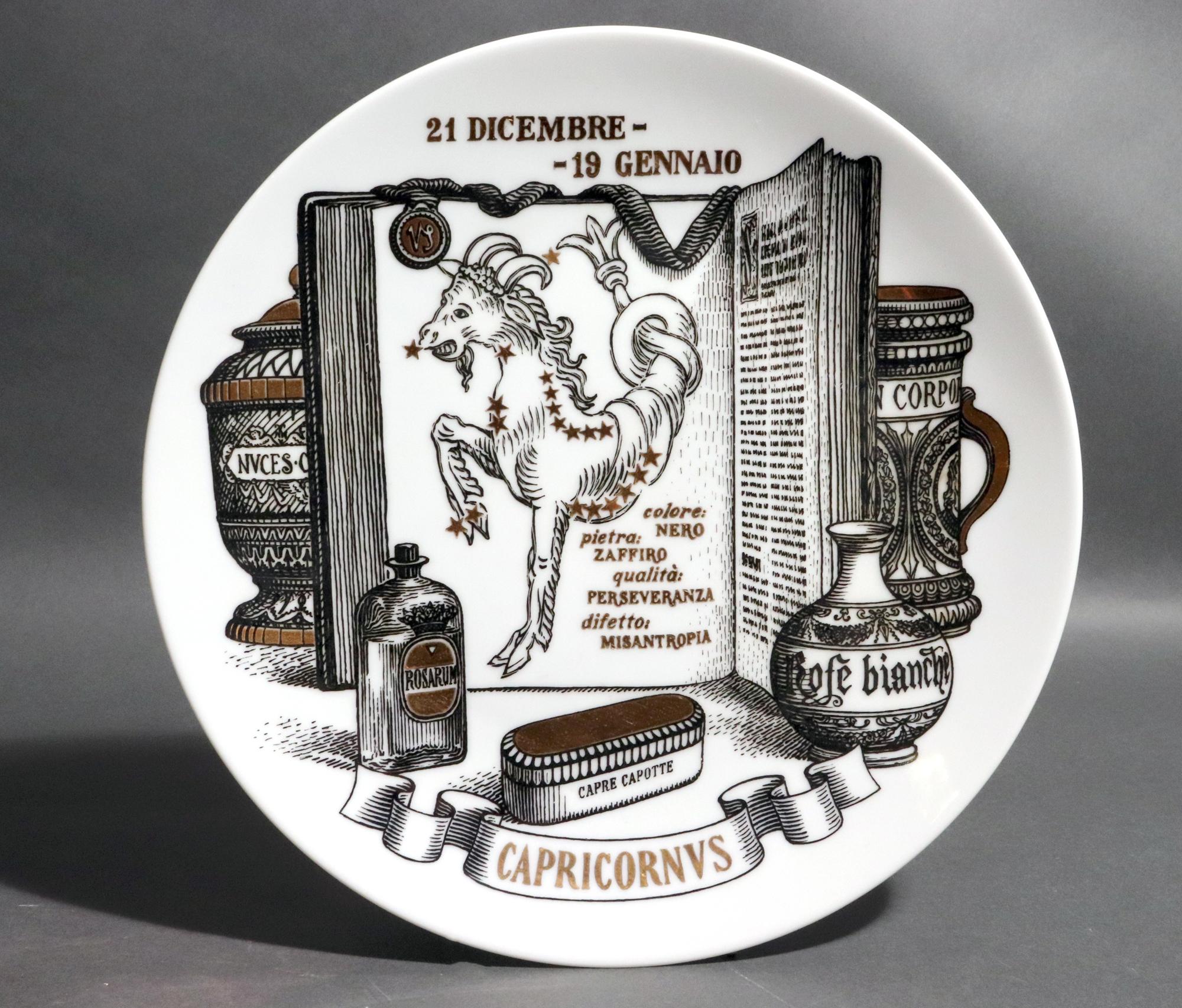 Mid-Century Modern Piero Fornasetti Capricorn Zodiac Porcelain Plate, The Zodiac Pharmacopoeia For Sale