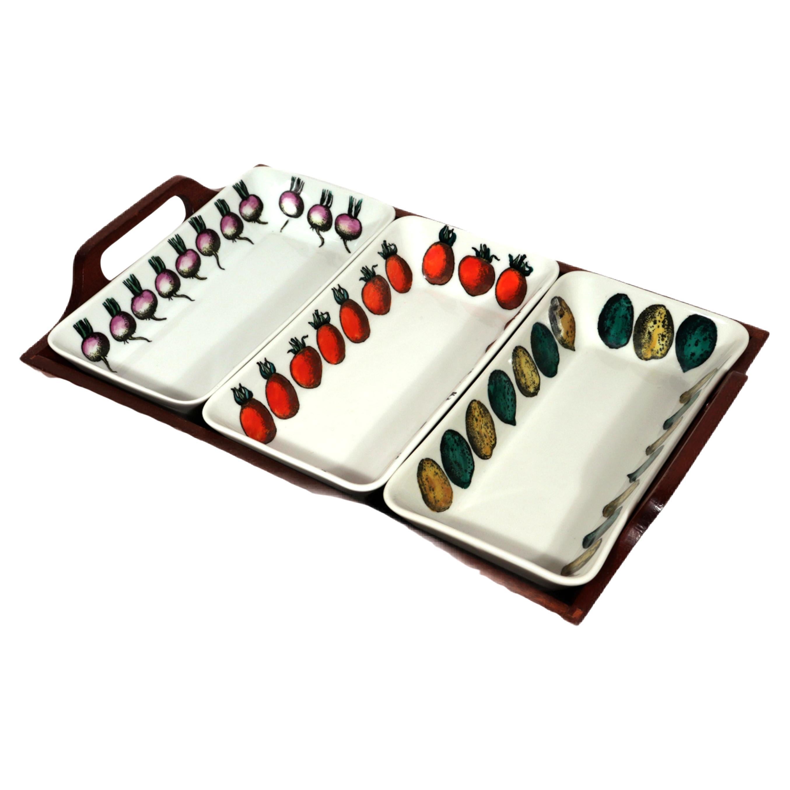 Piero Fornasetti Ceramic Appetizer Set and Tray For Sale