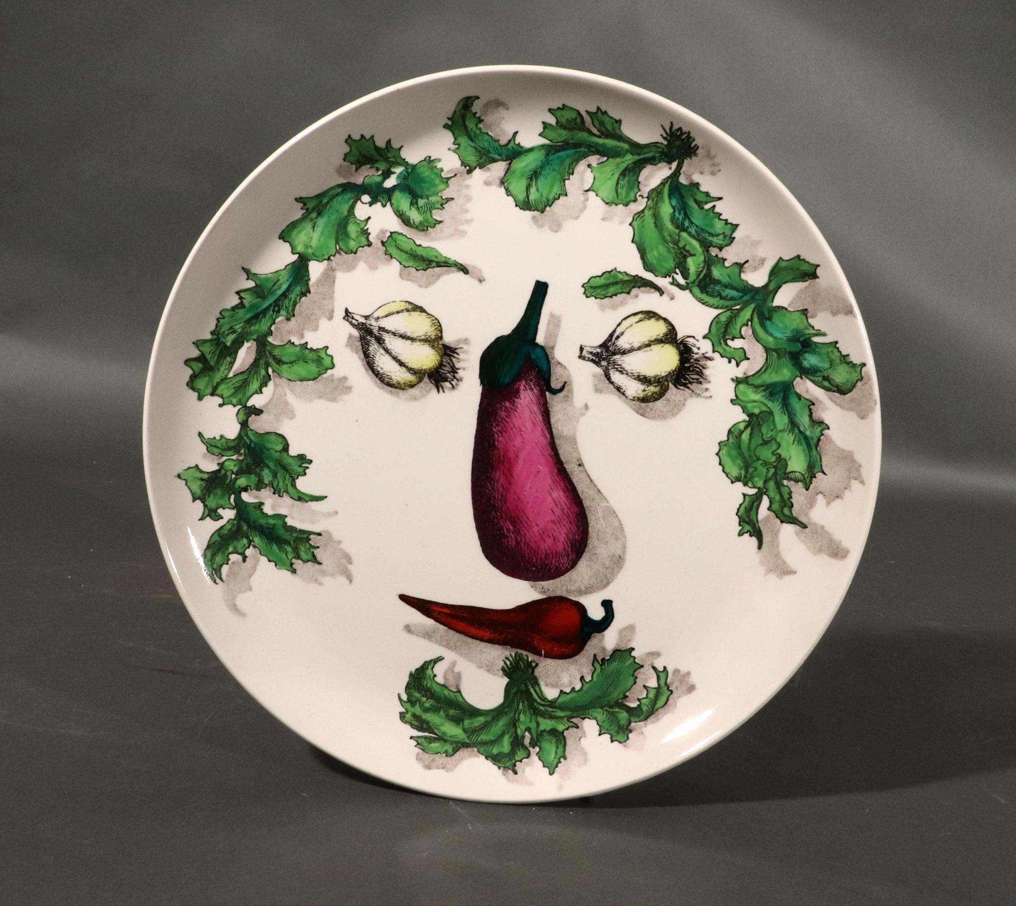 Mid-Century Modern Piero Fornasetti Ceramic Arcimboldesca-Motif Vegetable Face Plates For Sale