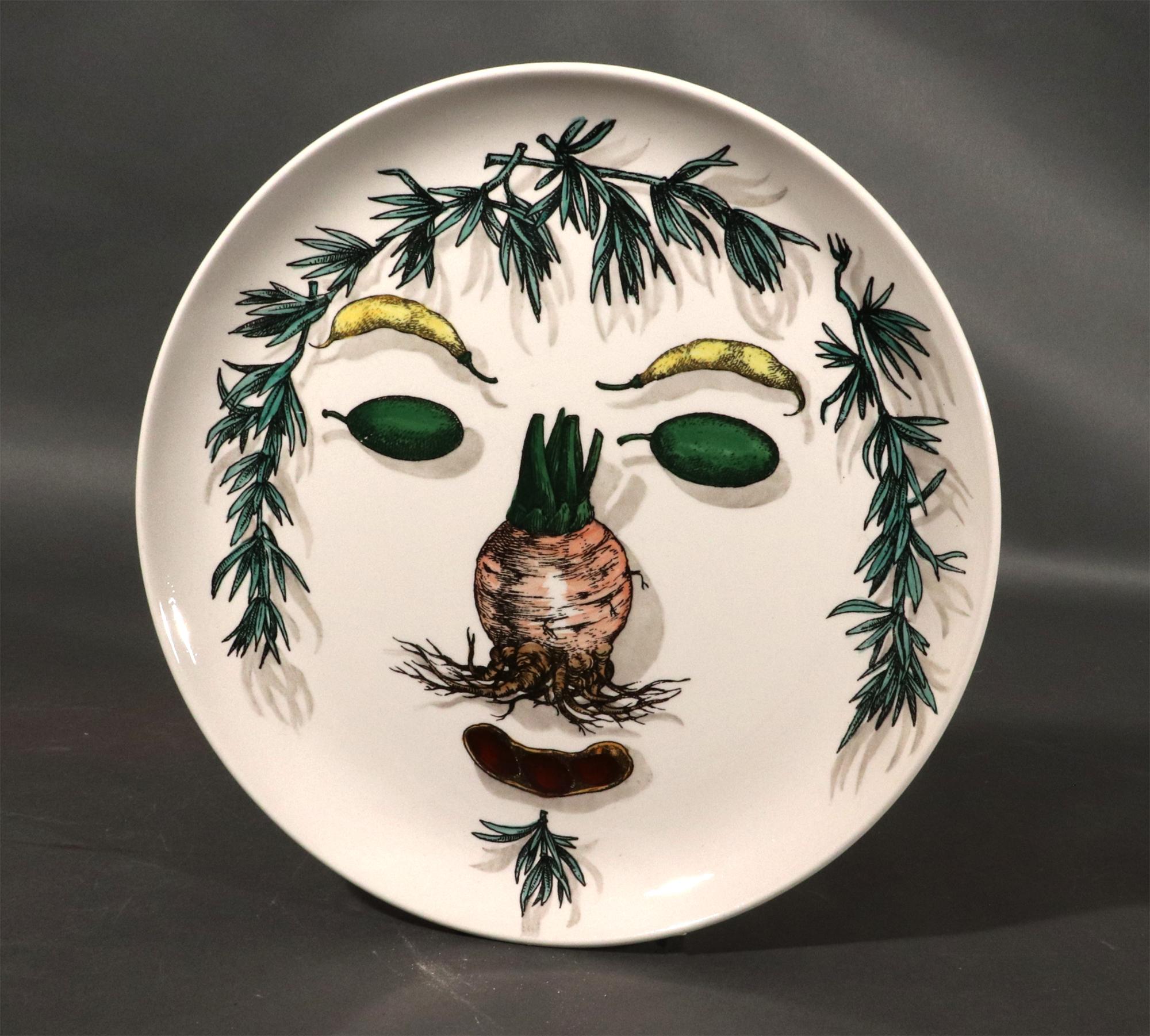 Piero Fornasetti Ceramic Arcimboldesca-Motif Vegetable Face Plates In Distressed Condition For Sale In Downingtown, PA