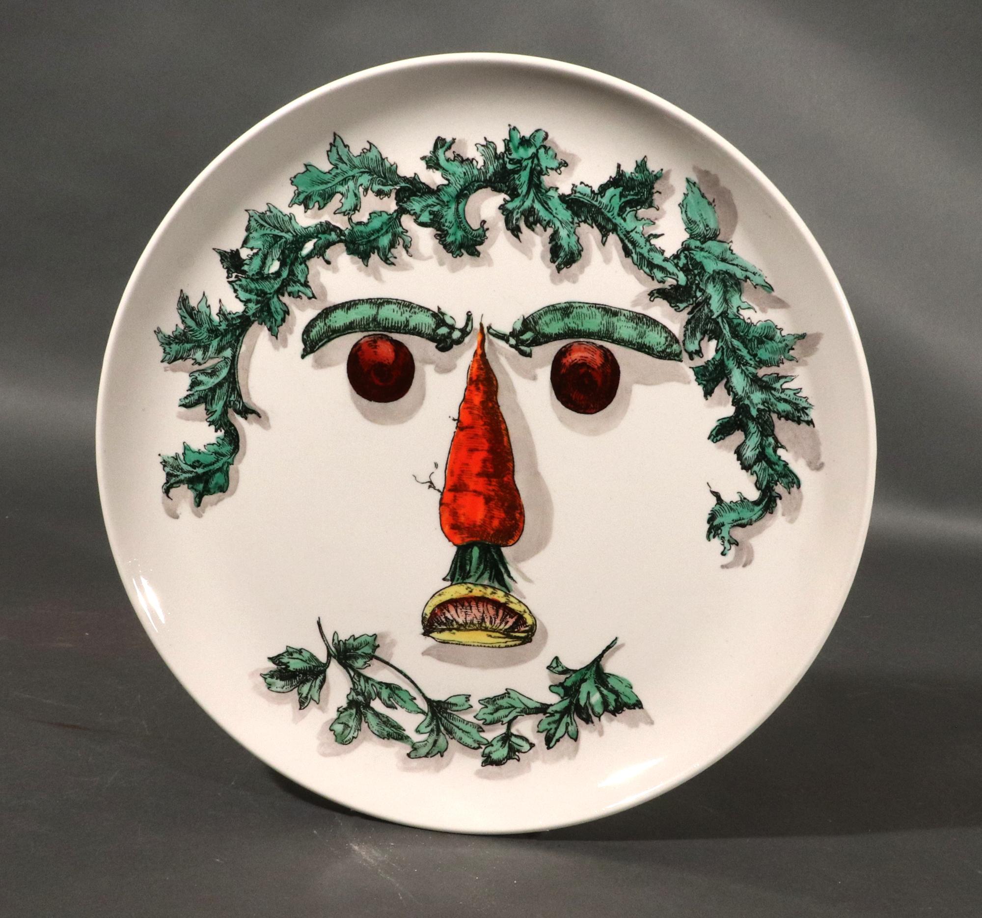 Late 20th Century Piero Fornasetti Ceramic Arcimboldesca-Motif Vegetable Face Plates For Sale