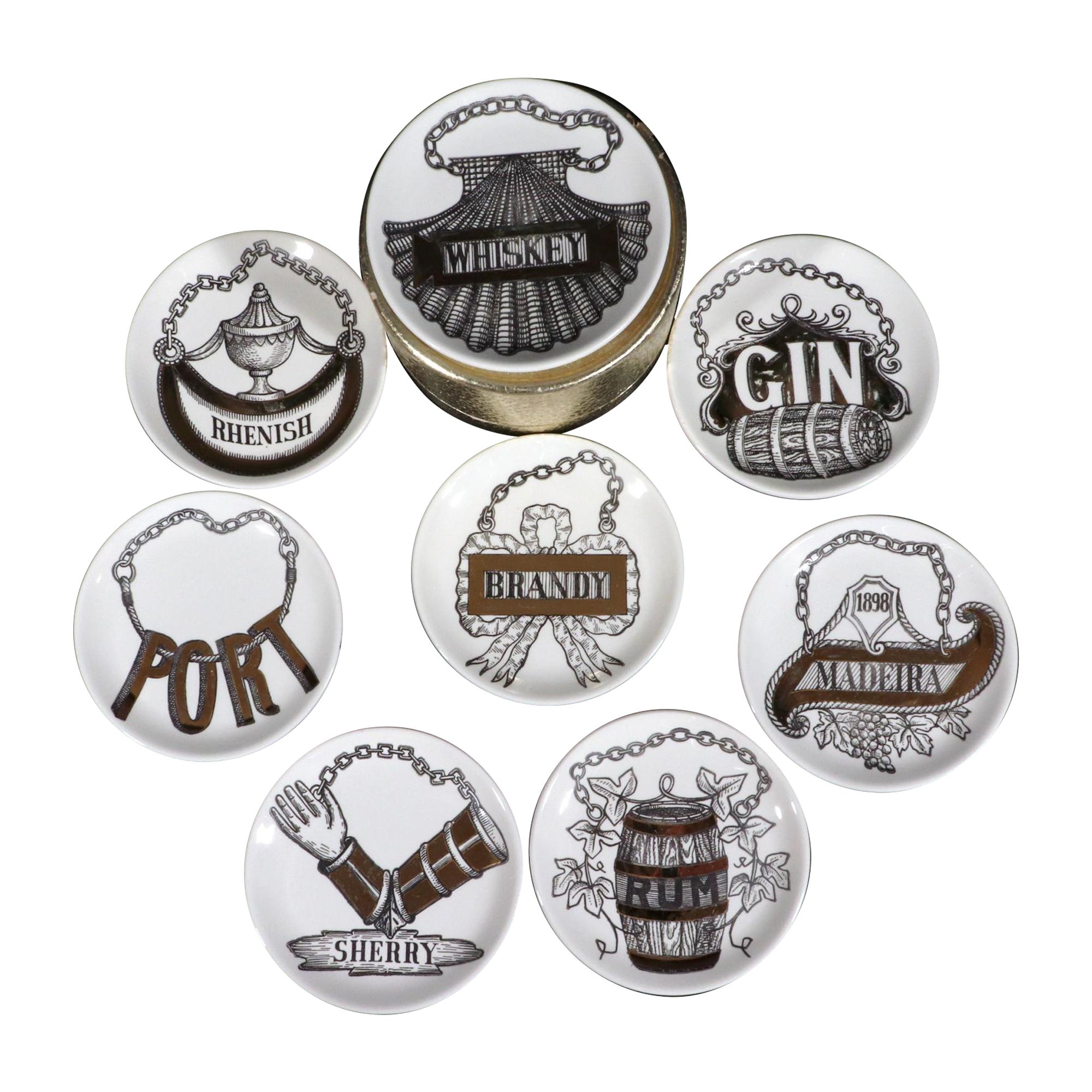 Piero Fornasetti Ceramic Barware Coasters with Vini & Liquori Pattern