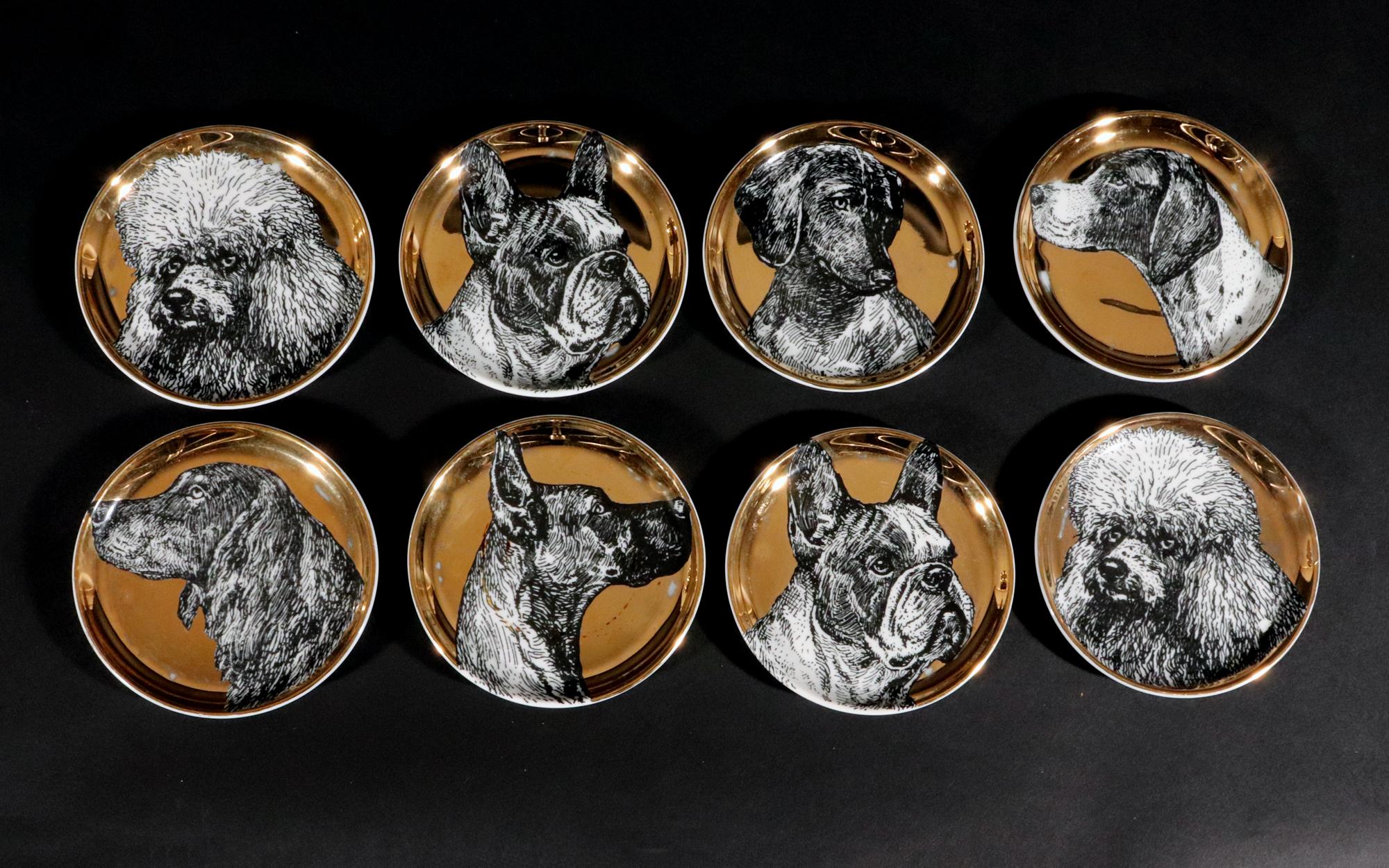 Mid-Century Modern Piero Fornasetti Ceramic Coaster Set of Eight Decorated with Dogs, Cani Pattern For Sale