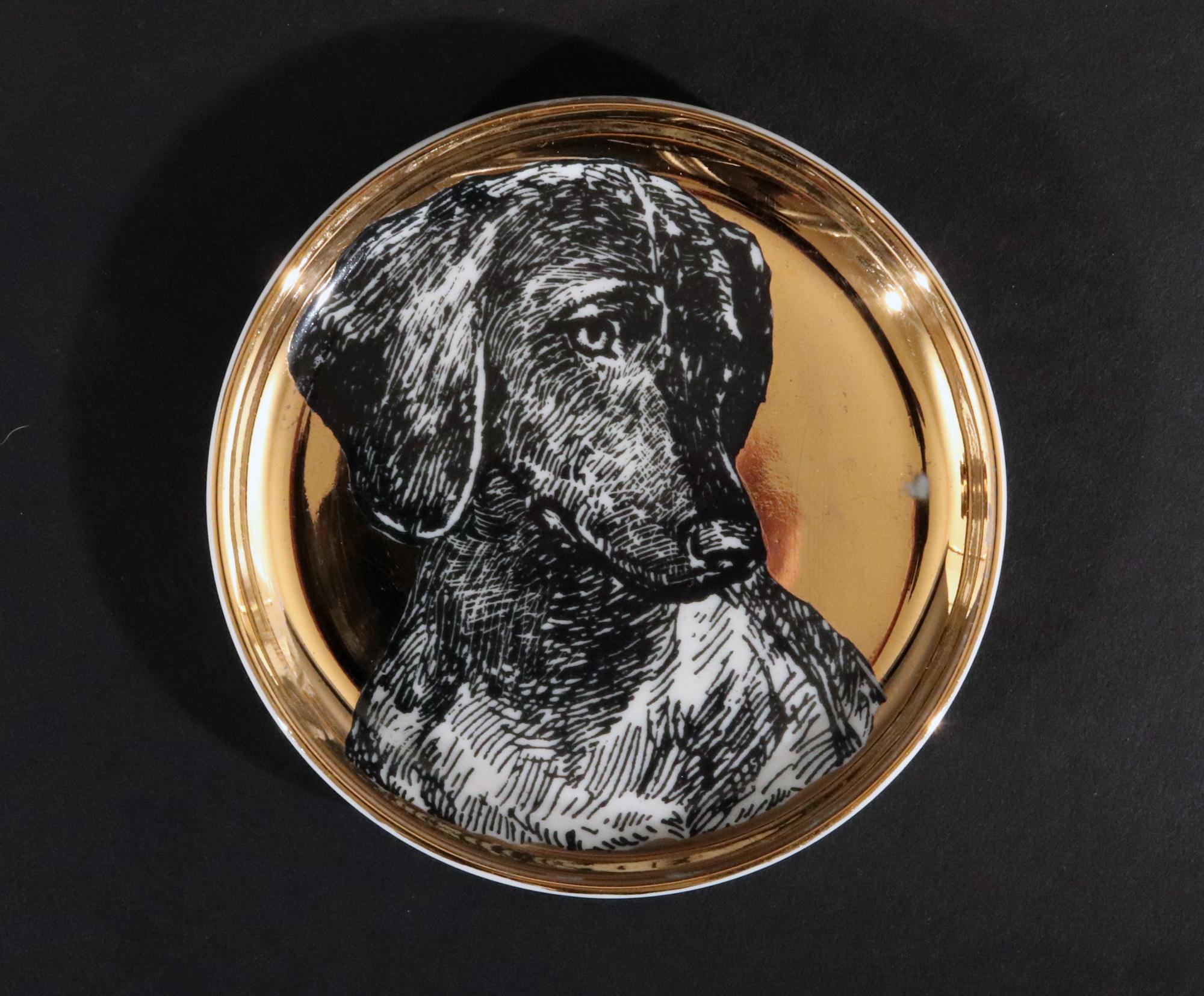 Italian Piero Fornasetti Ceramic Coaster Set of Eight Decorated with Dogs, Cani Pattern