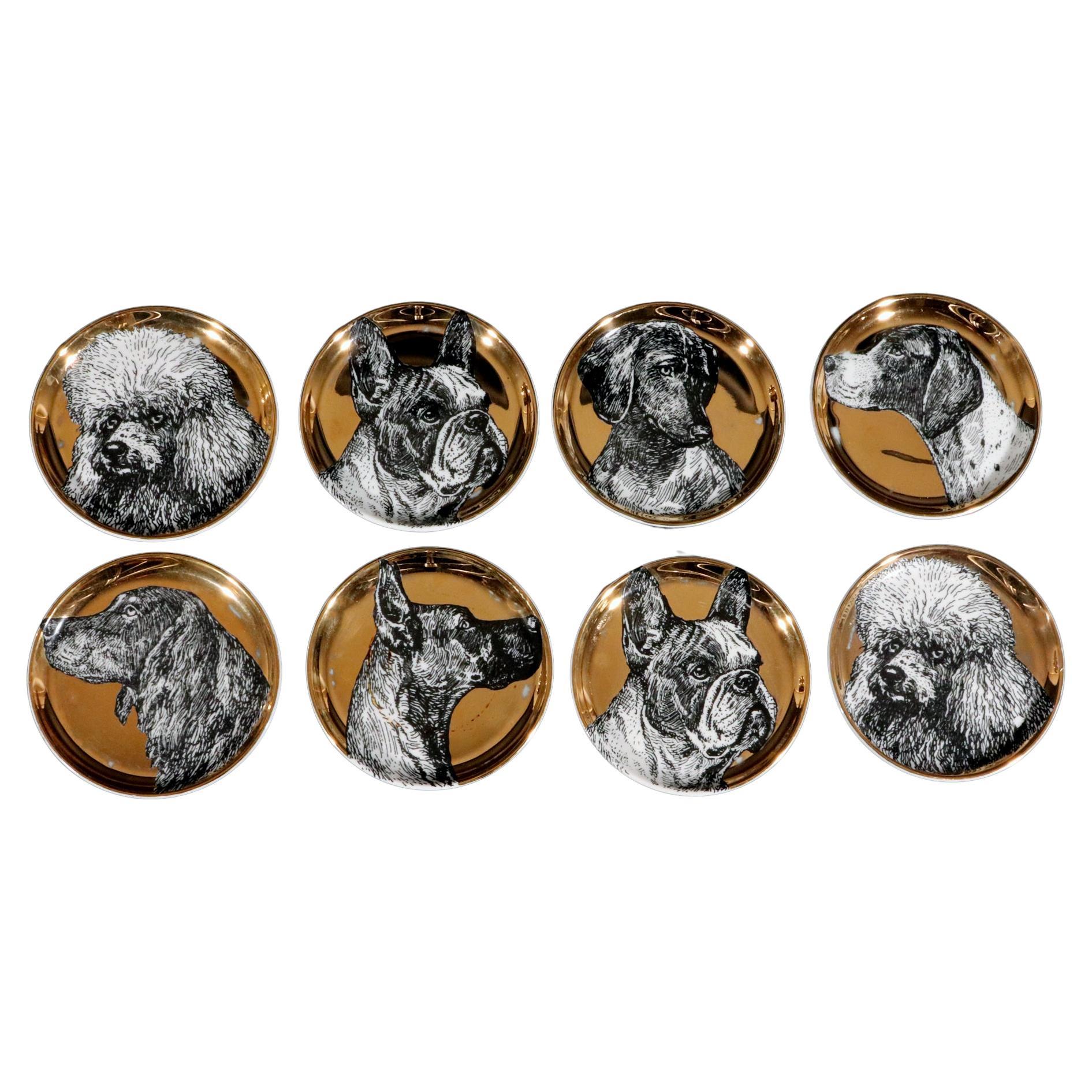 Piero Fornasetti Ceramic Coaster Set of Eight Decorated with Dogs, Cani Pattern For Sale