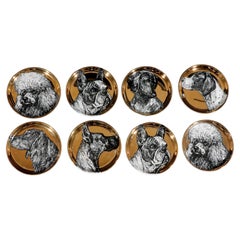 Vintage Piero Fornasetti Ceramic Coaster Set of Eight Decorated with Dogs, Cani Pattern