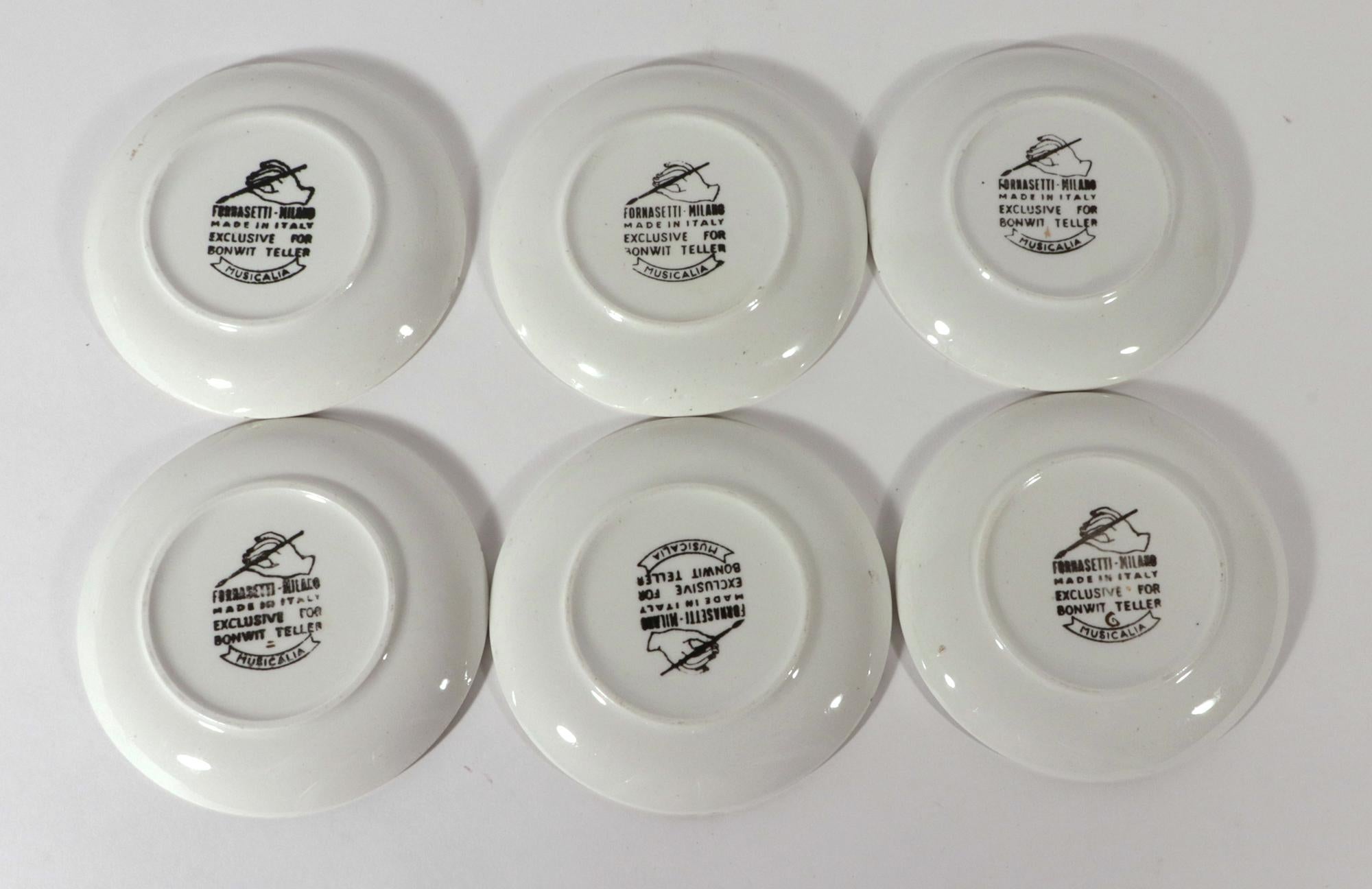 Mid-Century Modern Piero Fornasetti Ceramic Coasters, Musicalia Pattern, Set of Six For Sale