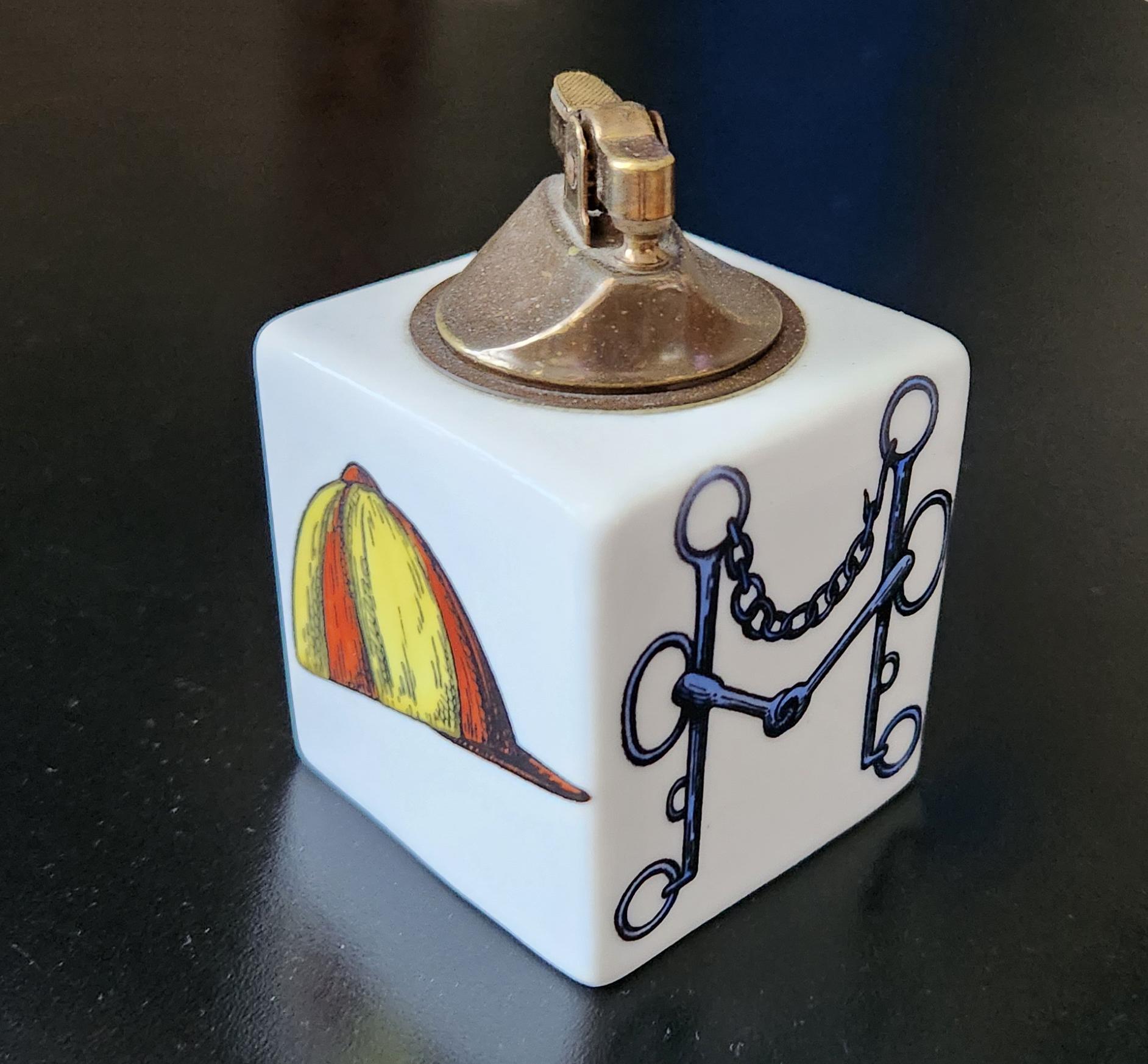 Mid-Century Modern Piero Fornasetti Ceramic Horse Racing Cube Lighter