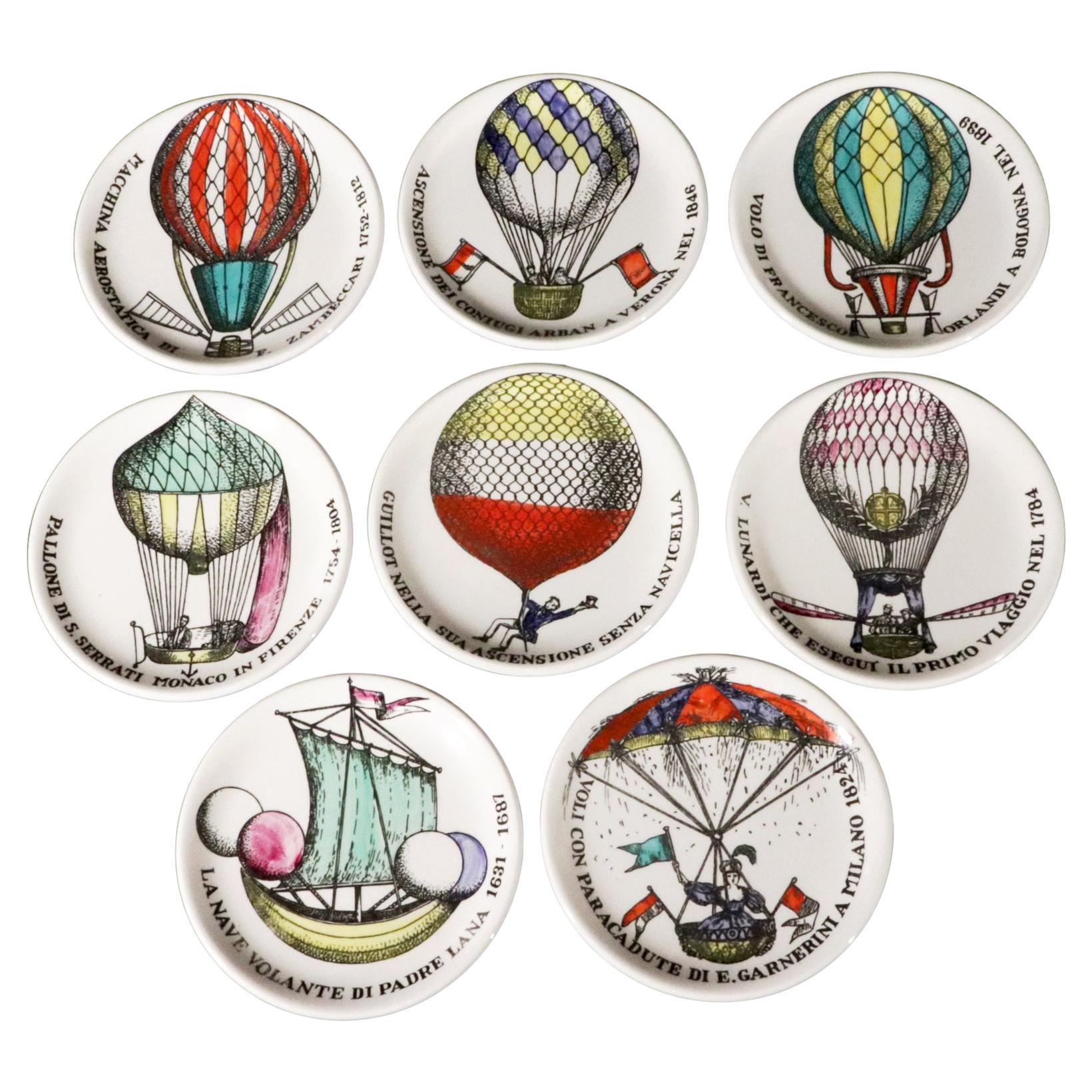 Piero Fornasetti Ceramic Palloni, Hot Air Balloon Complete Set of Coasters