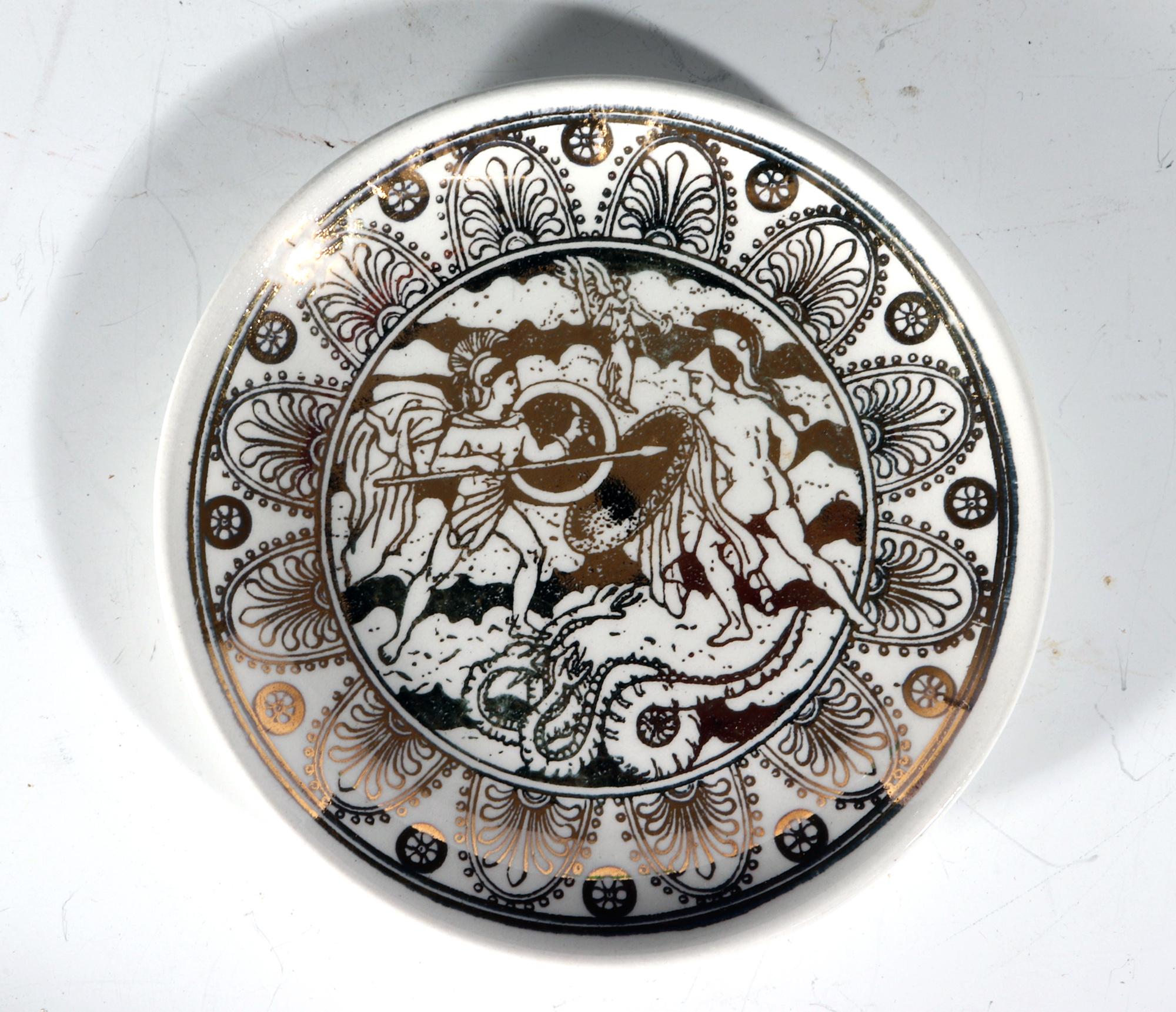 Mid-Century Modern Piero Fornasetti Ceramic Set Neo-Classical Mythological Gold Coasters Mitologia For Sale