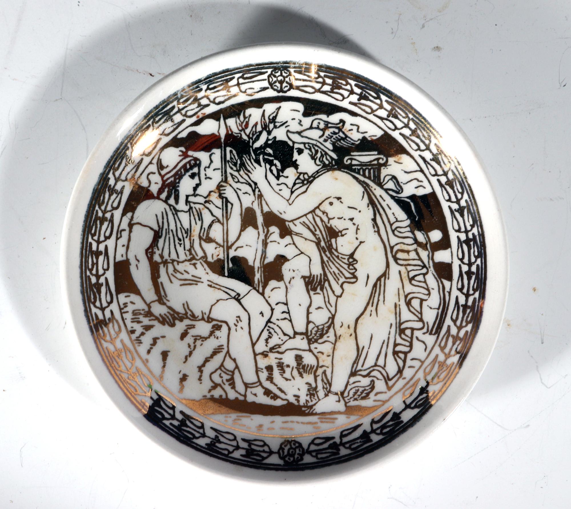 20th Century Piero Fornasetti Ceramic Set Neo-Classical Mythological Gold Coasters Mitologia For Sale