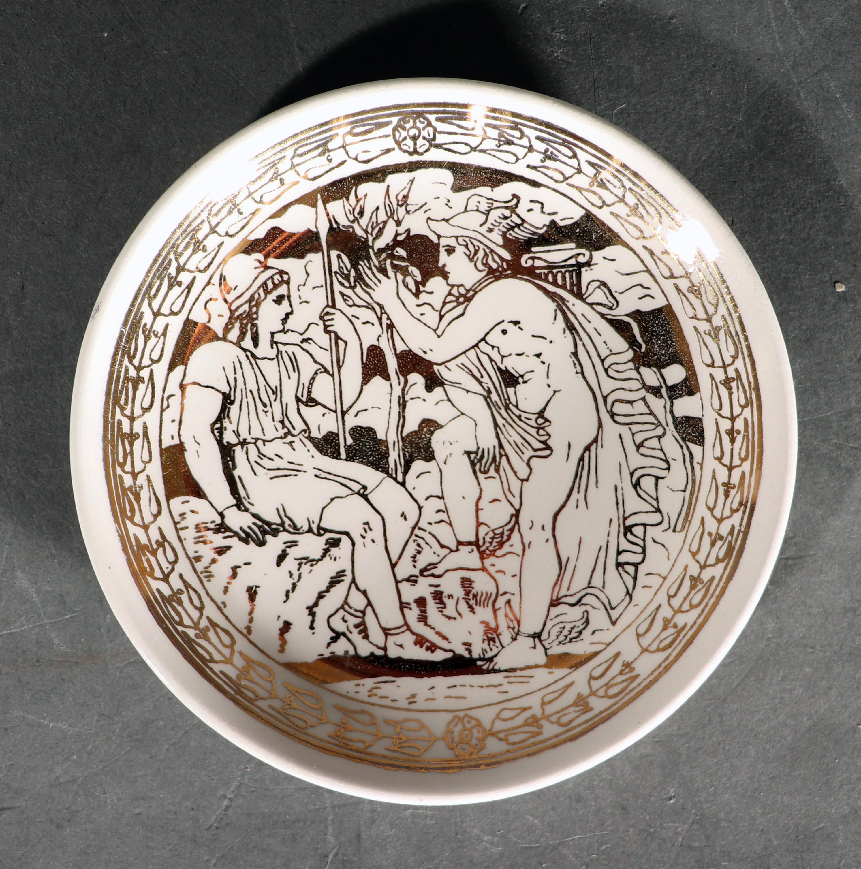 Piero Fornasetti Ceramic Set of Neo-classical Gold Coasters, Mitologia Pattern For Sale 6
