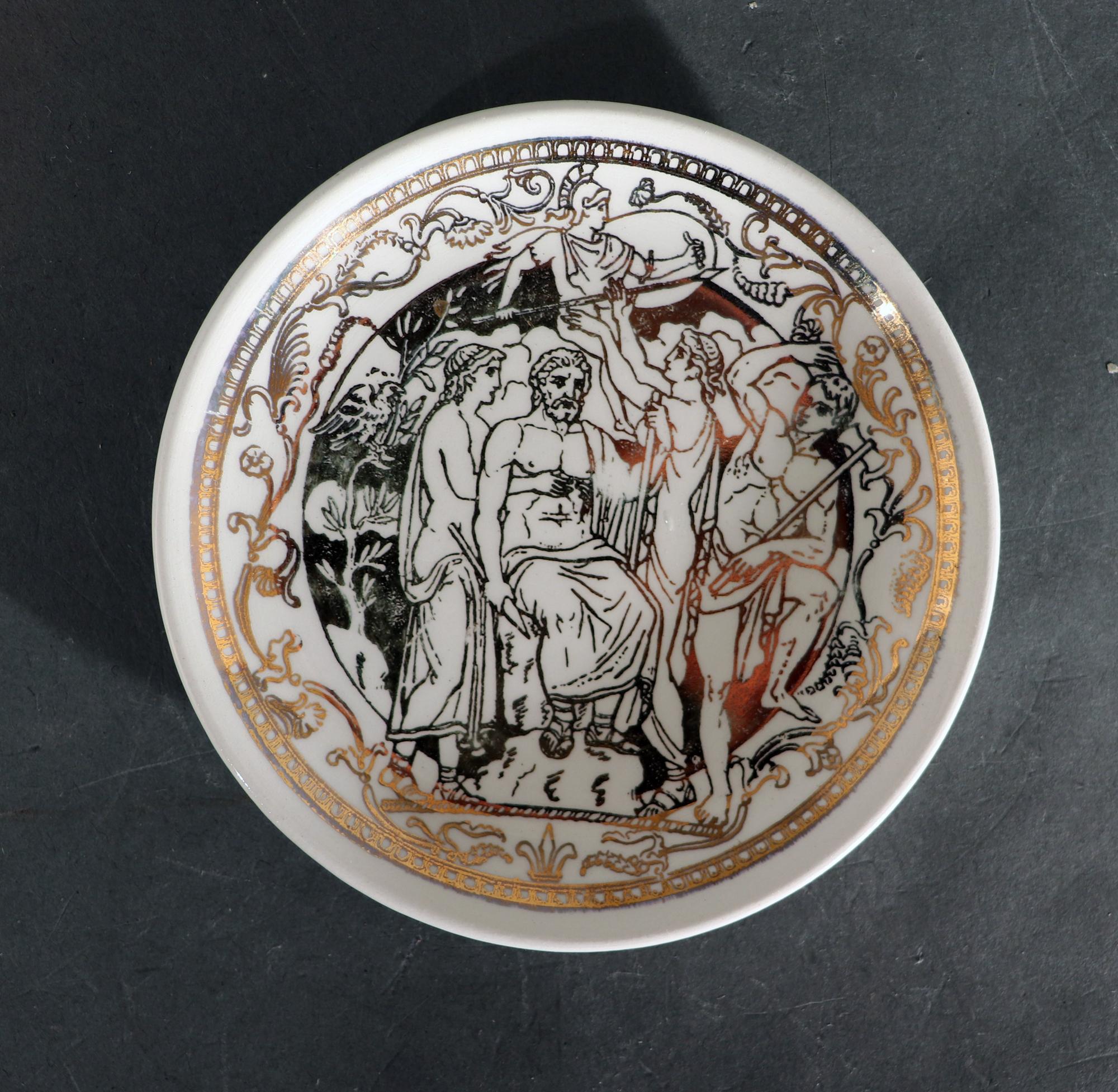 Mid-Century Modern Piero Fornasetti Ceramic Set of Neo-classical Gold Coasters, Mitologia Pattern For Sale