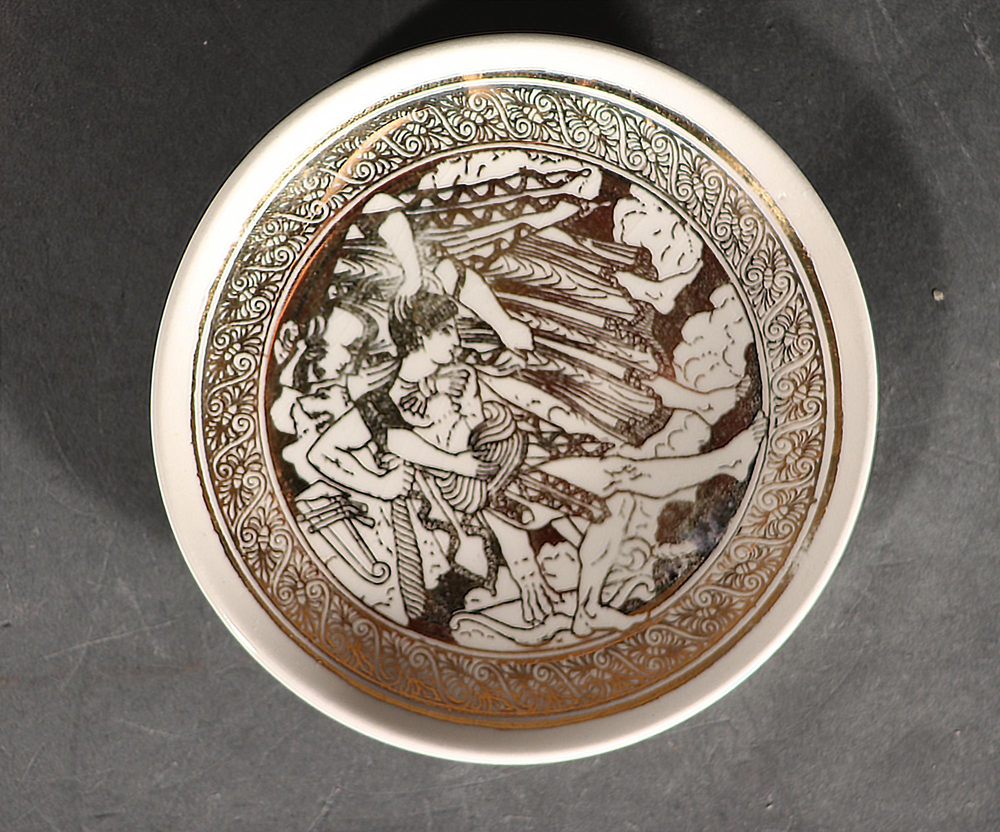 Italian Piero Fornasetti Ceramic Set of Neo-classical Gold Coasters, Mitologia Pattern For Sale