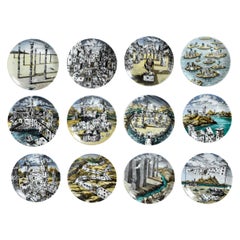 Piero Fornasetti Citta di Carte City of Cards Plates in Complete Set of 12