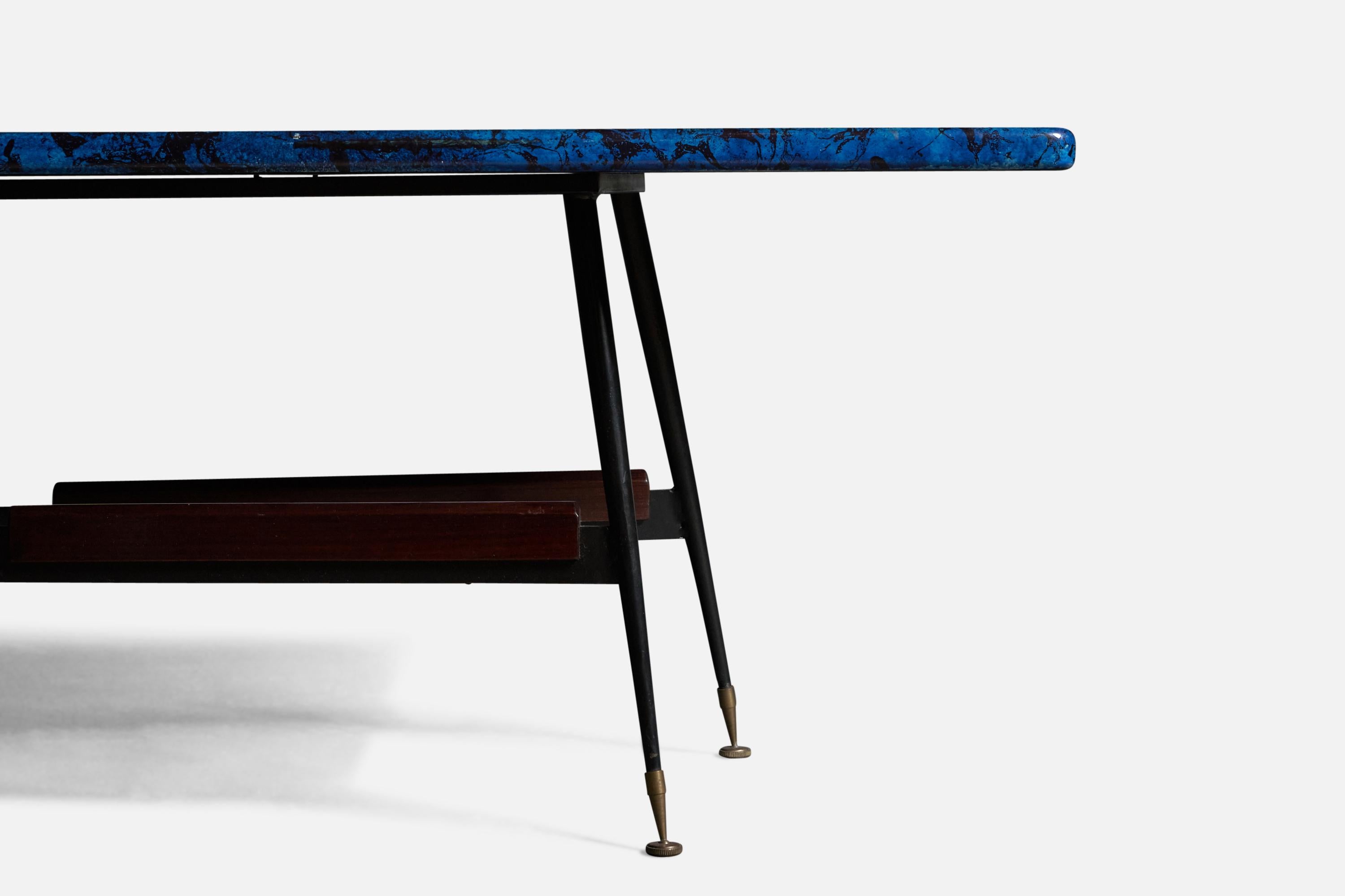 Italiano Piero Fornasetti, Tavolino, ottone, metallo, mogano, Italia, anni '50 in vendita