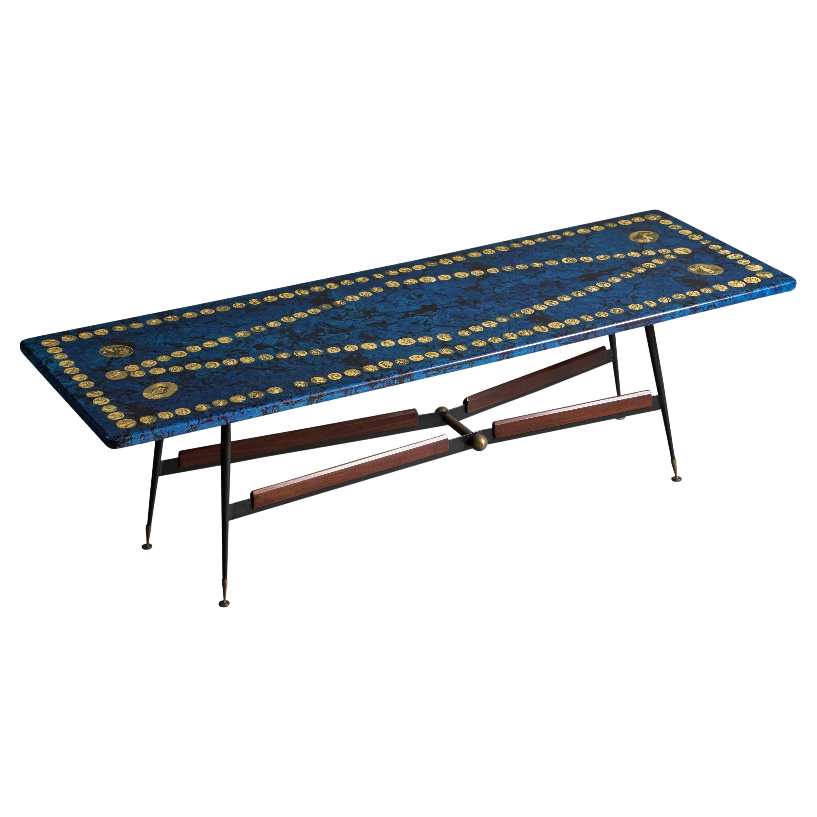 Piero Fornasetti, Coffee Table, brass, Metal, Mahogany, Italy, 1950s For Sale