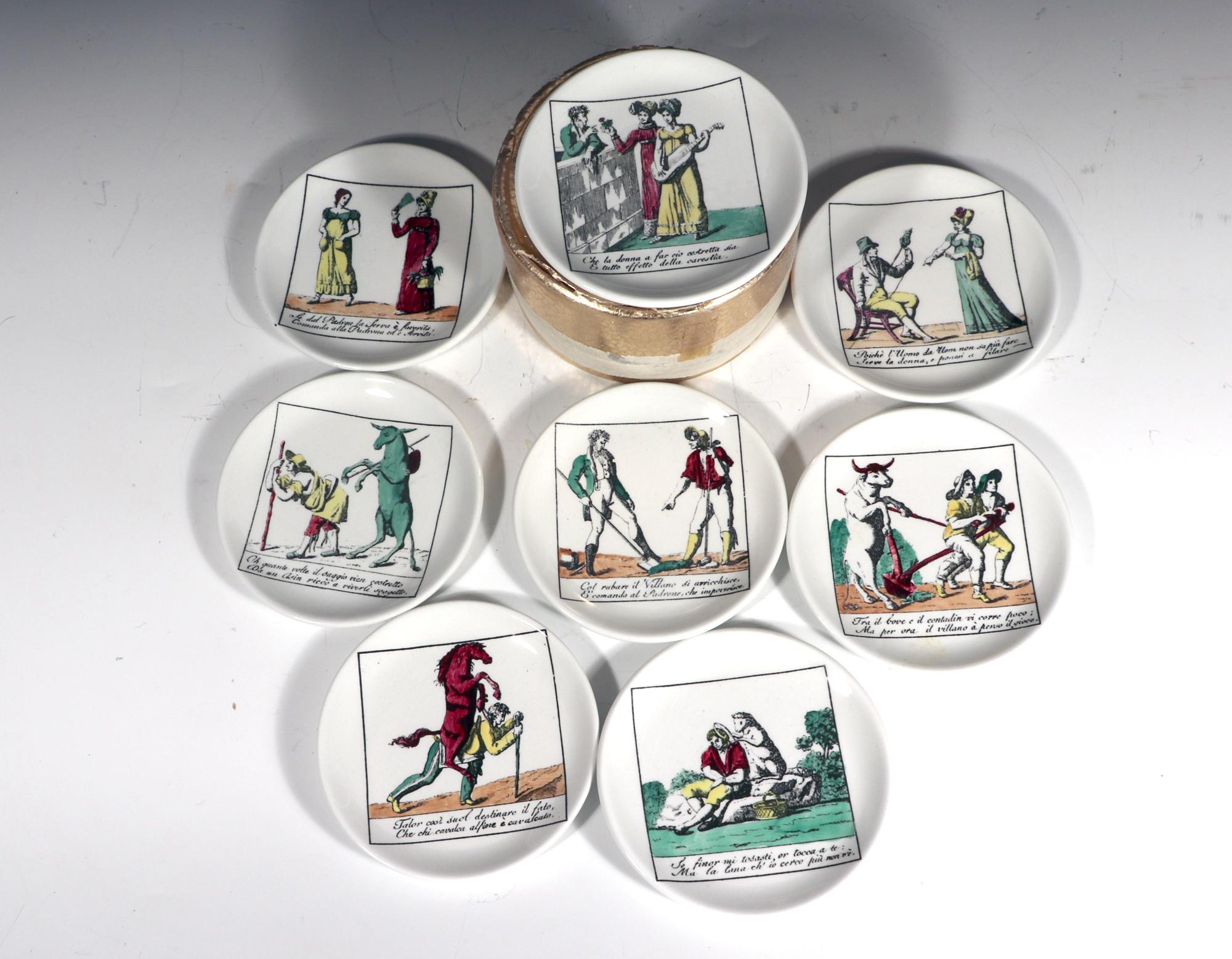 Piero Fornasetti Juego completo de ocho posavasos de cerámica,
Il Mondo Alla Rovecia Pattern, (
