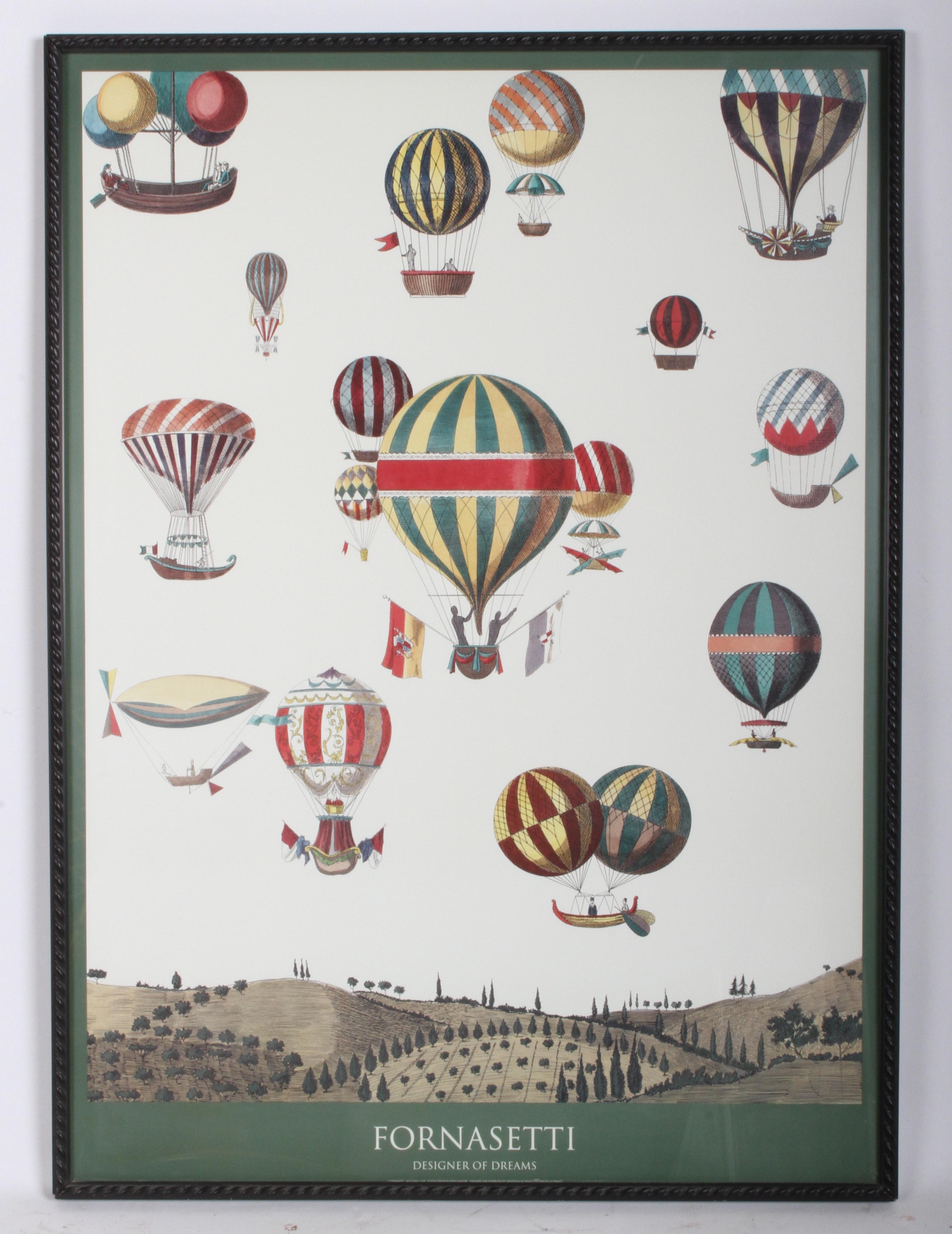 Uncommon Piero Fornasetti hot air balloons poster titled (Designer of Dreams) after his four panel floor screen 'MONGOLFIERE' from 1955. This poster is not dated, but is marked at bottom, Printed by Graphique de France. Perhaps this was from an