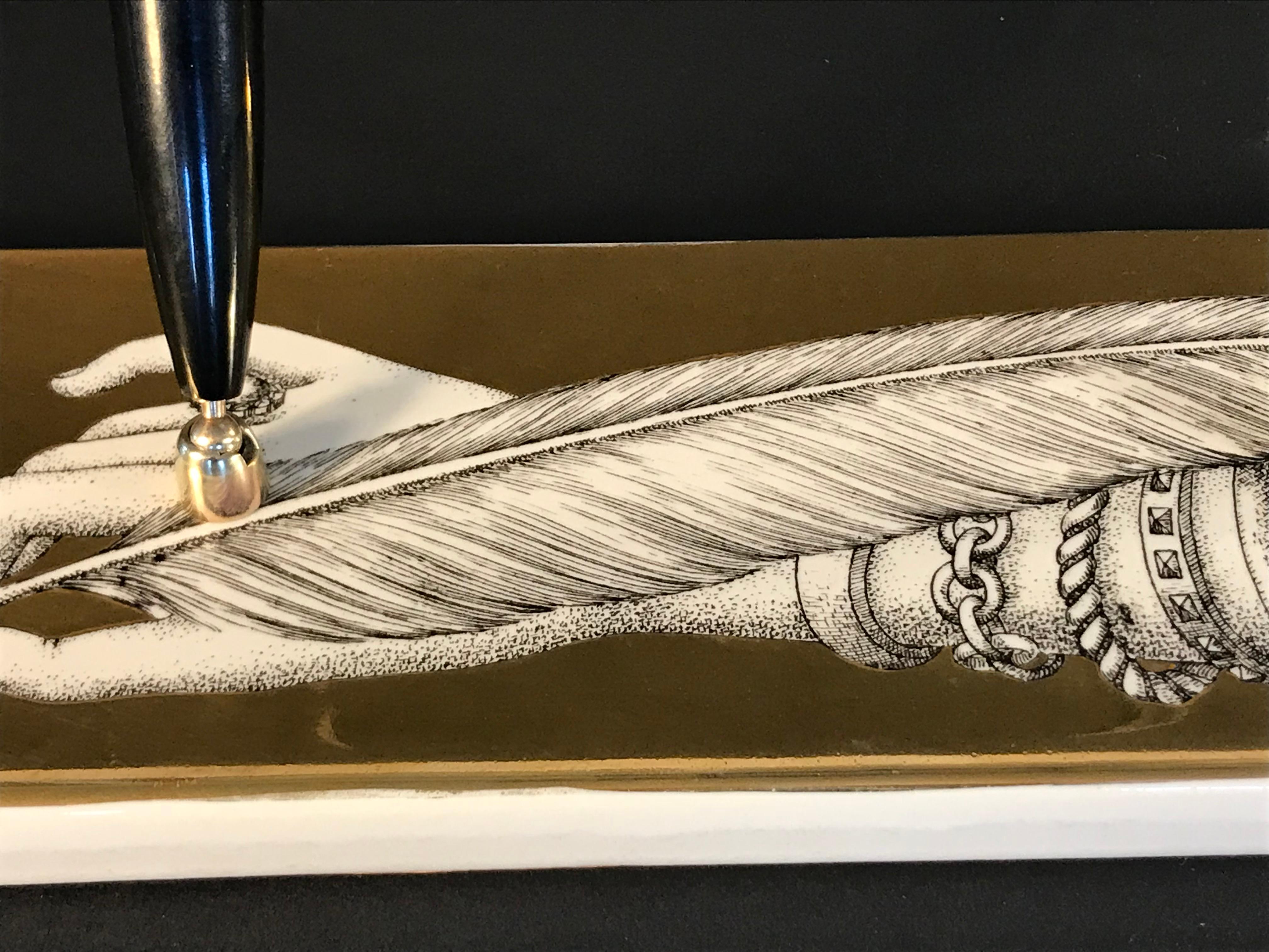 Piero Fornasetti Double Pen Holder Hand with Quill In Good Condition In Dallas, TX