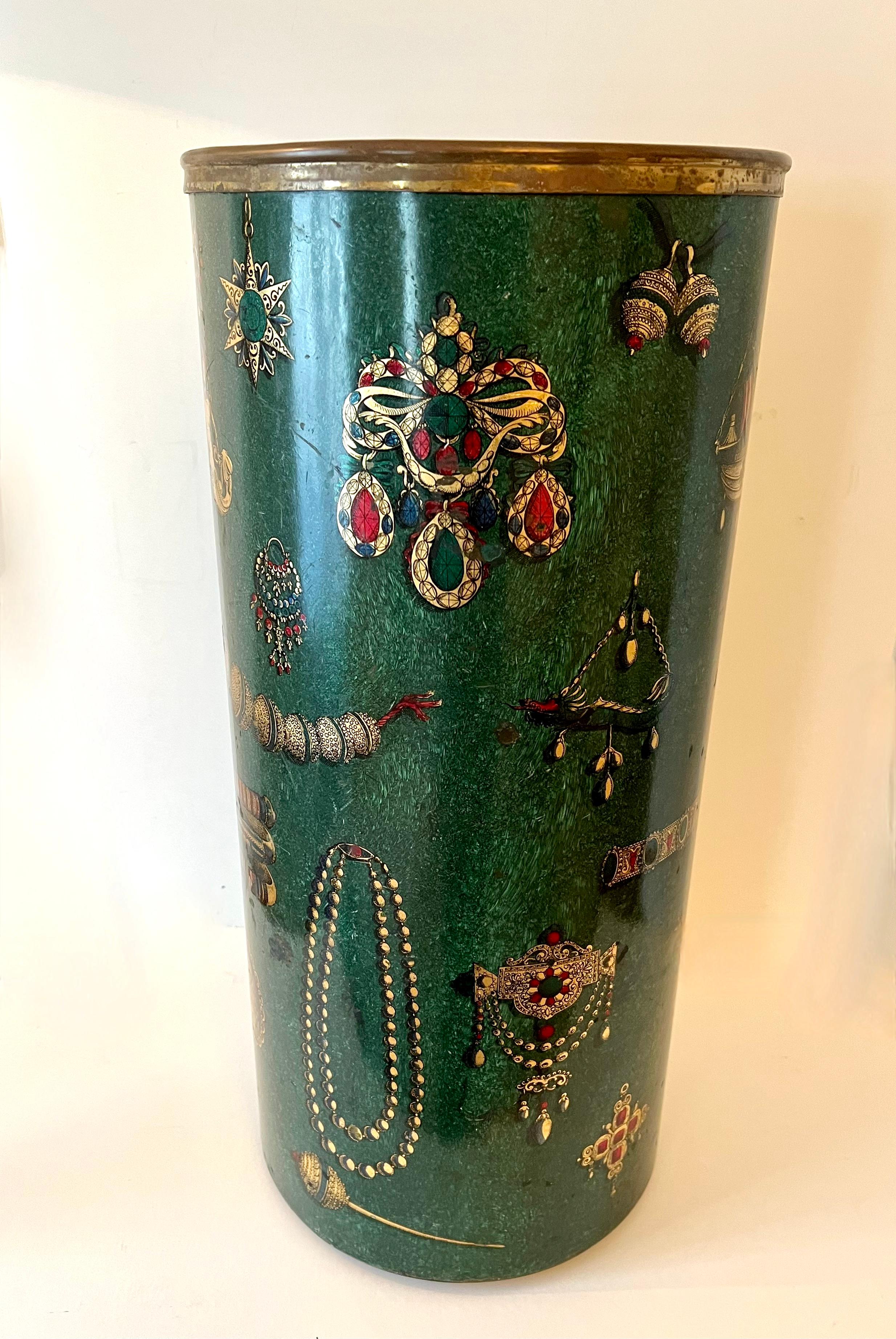 Patinated Piero Fornasetti Enamel Umbrella Stand with Brass Trim and Feet