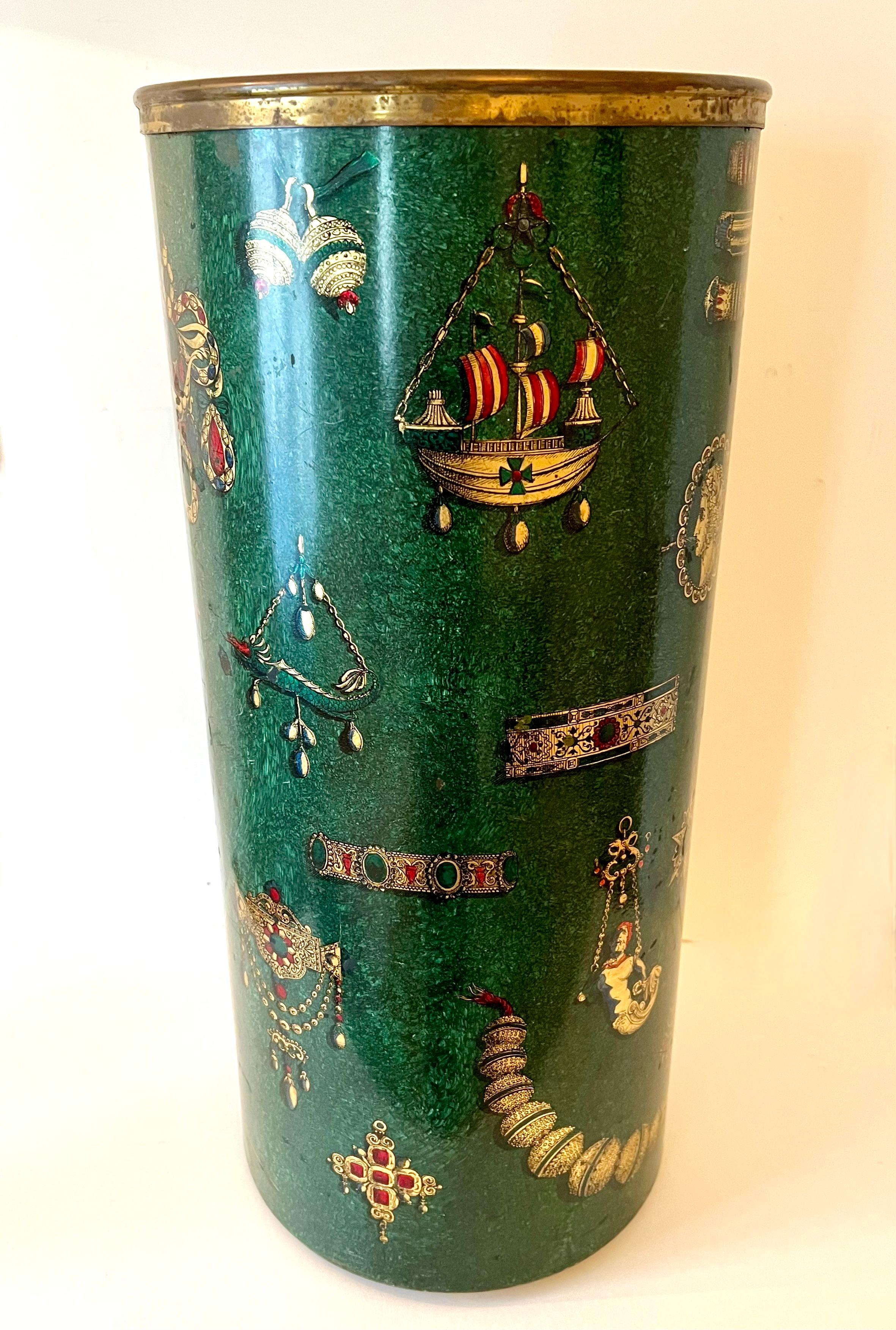 Piero Fornasetti Enamel Umbrella Stand with Brass Trim and Feet In Good Condition In Los Angeles, CA