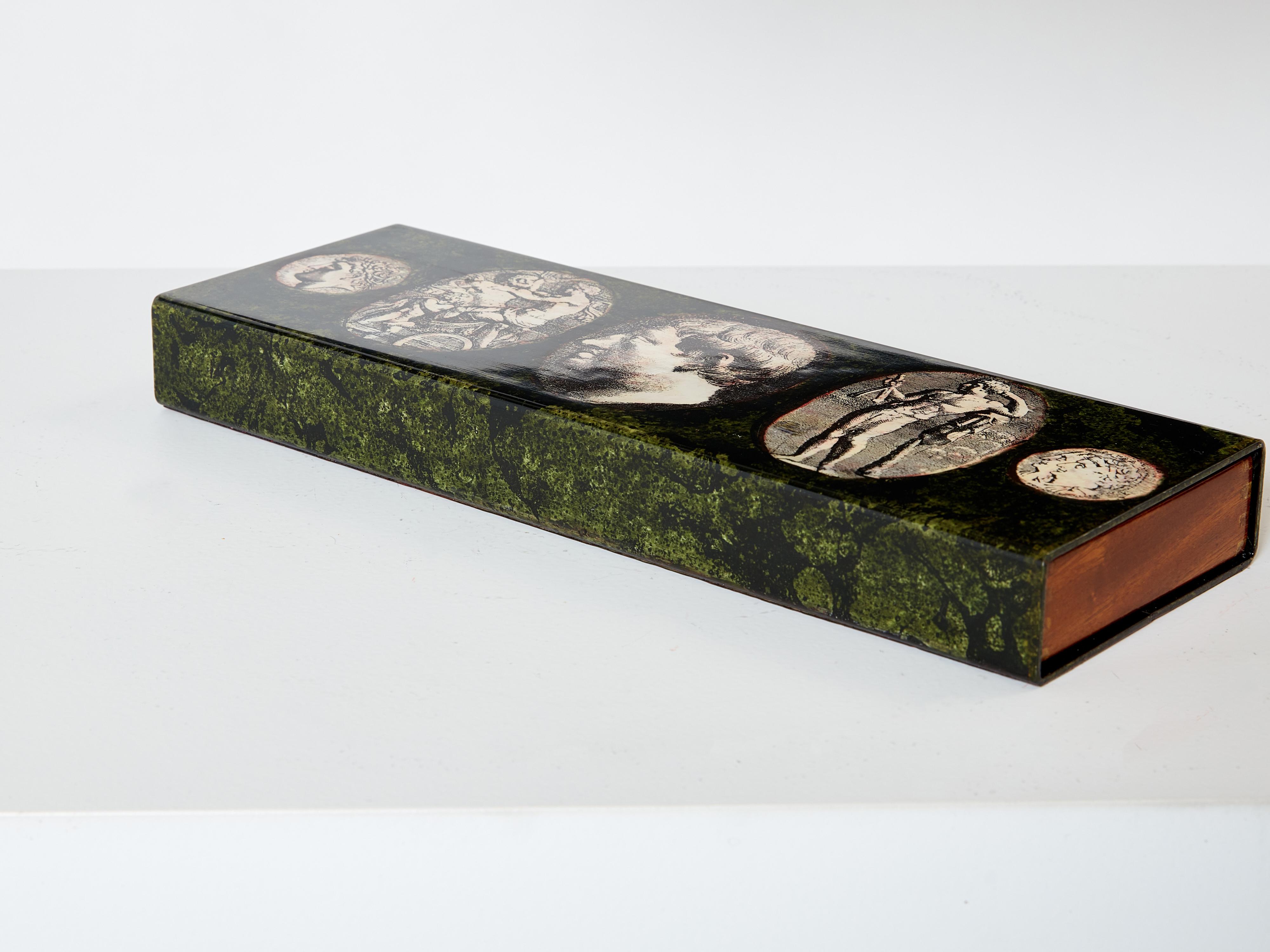 Italian Piero Fornasetti Enameled Metal and Mahogany Box, 1950