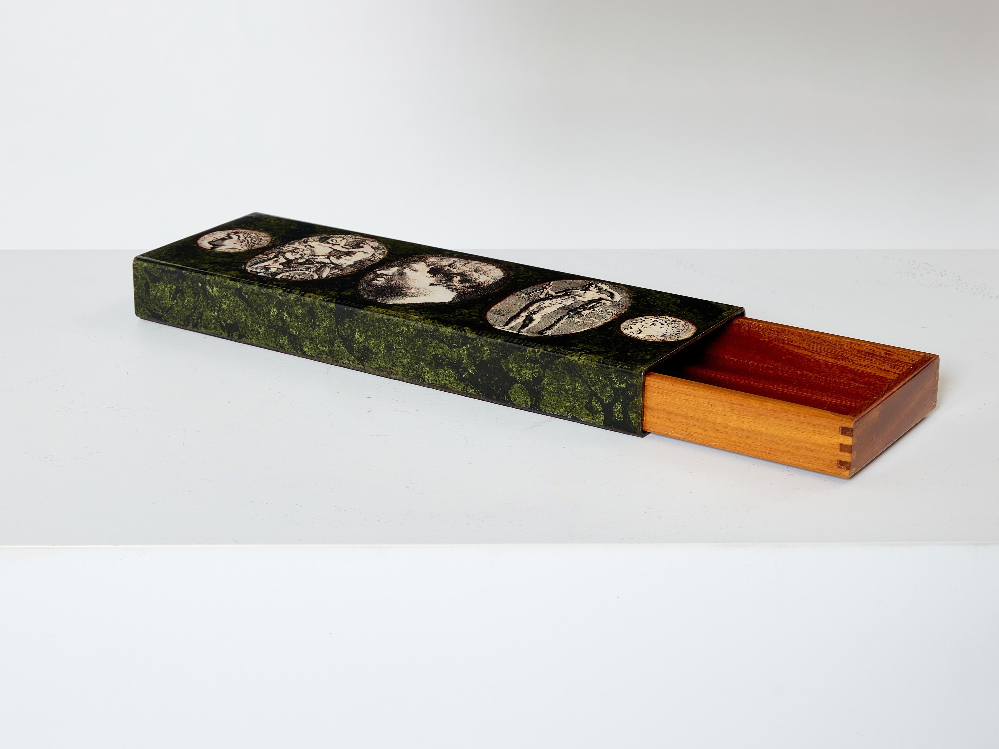 Piero Fornasetti Enameled Metal and Mahogany Box, 1950 In Good Condition In Paris, IDF