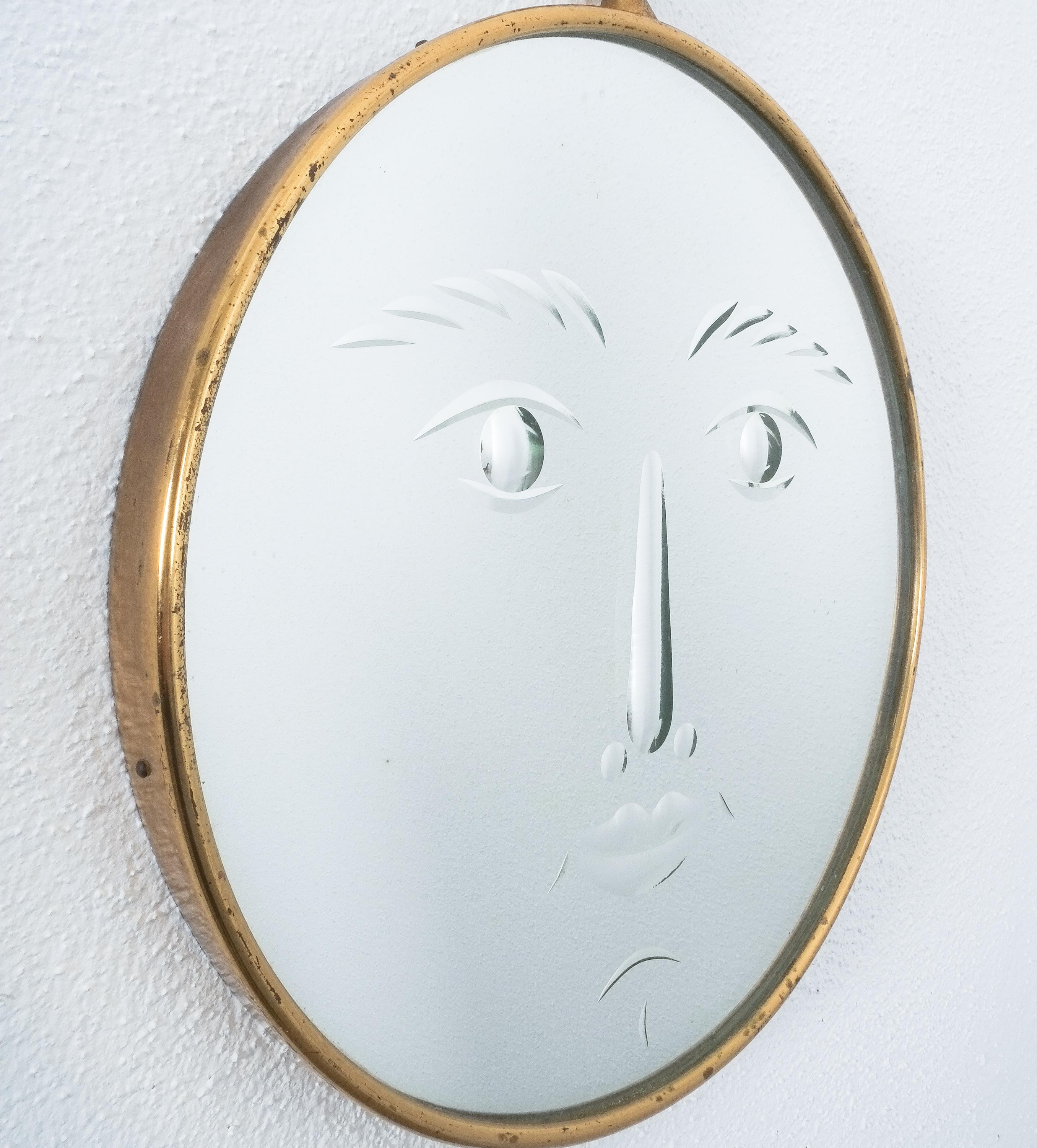 Beveled Piero Fornasetti Face Mirror Viso, Italy, circa 1960