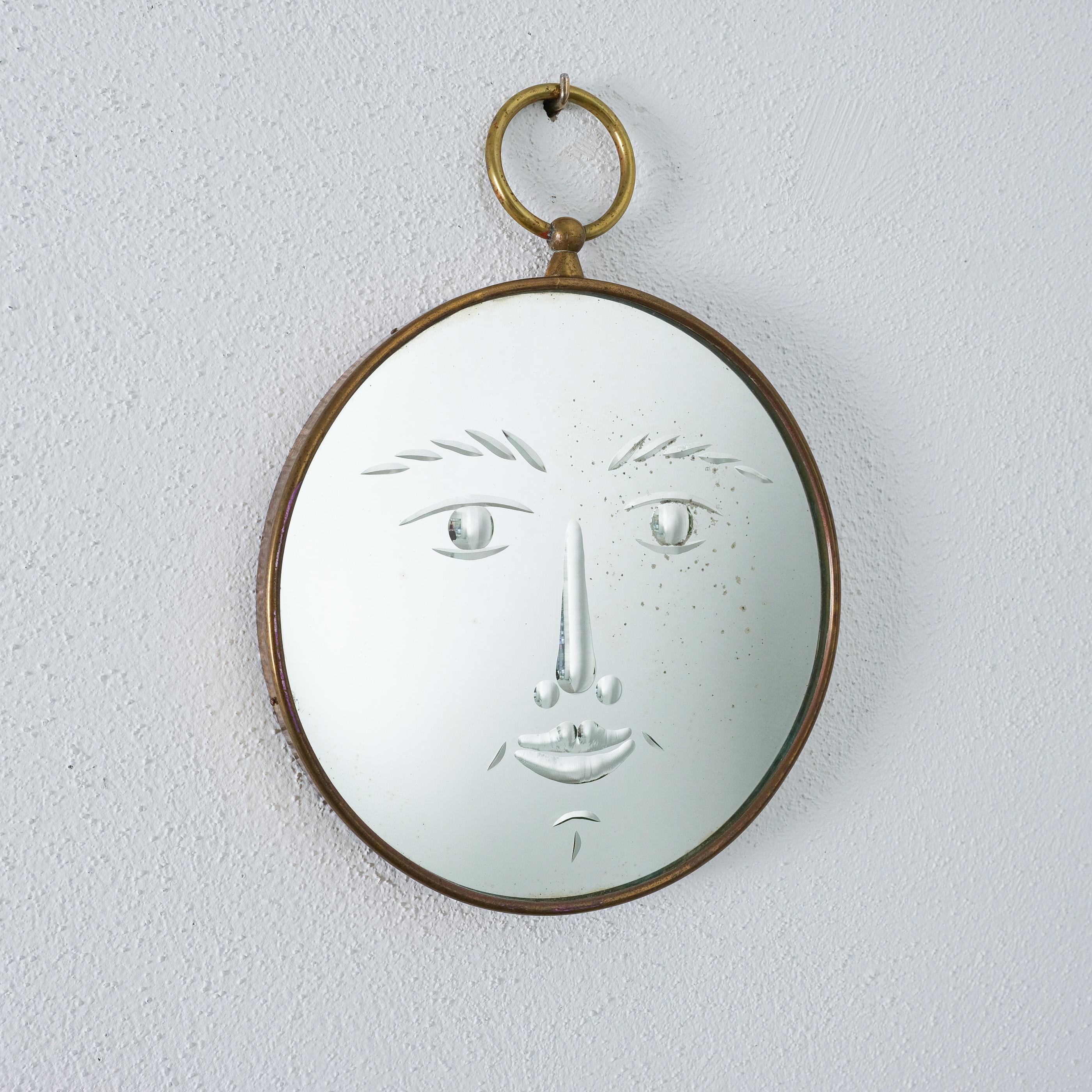 Mid-Century Modern Piero Fornasetti Face Mirror Viso Wall Mirror Brass, Italy, circa 1955