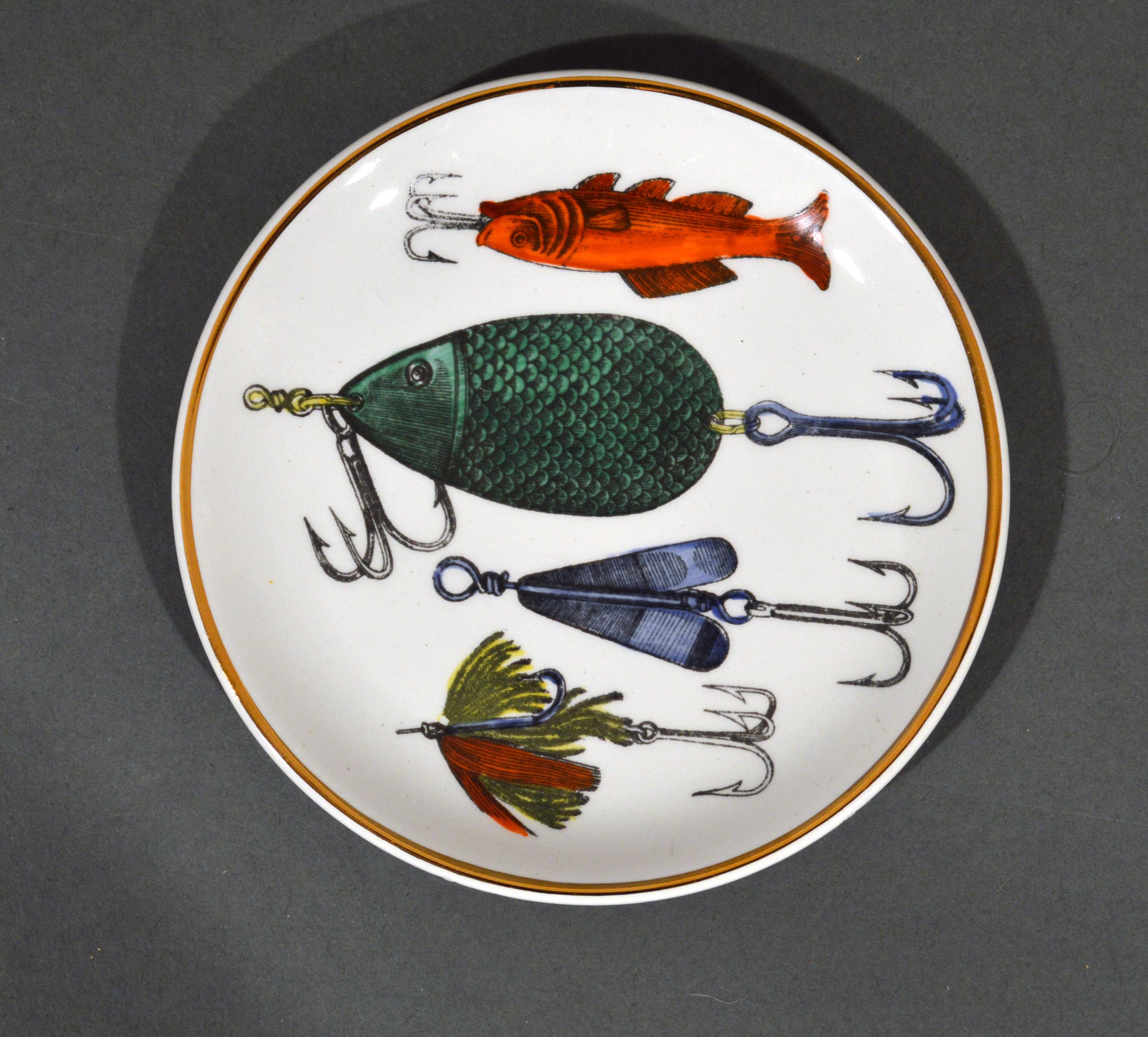 Italian Piero Fornasetti Fishing Lures Coaster Set La Pesca Pattern, 1960s