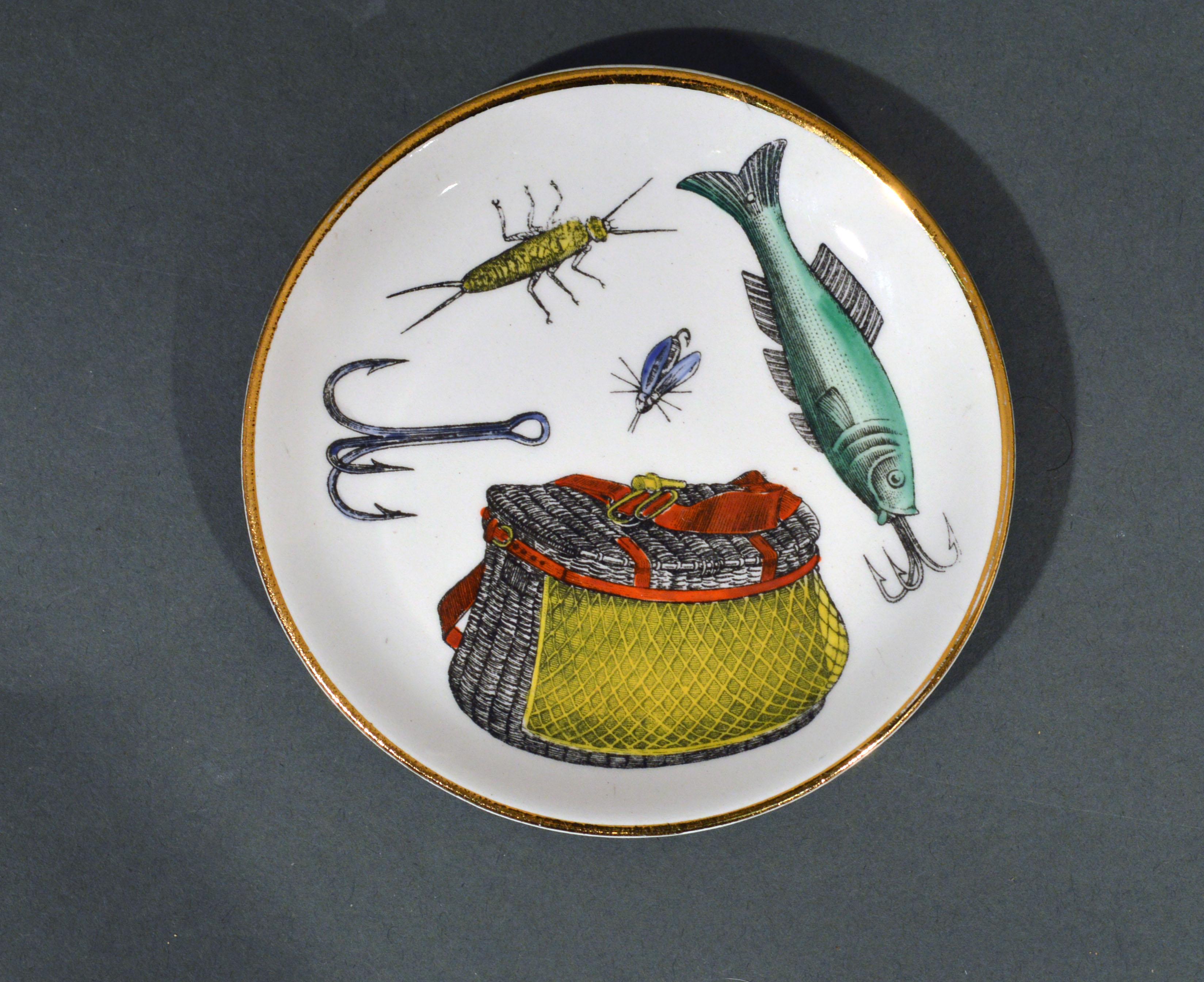 Piero Fornasetti Fishing Lures Coaster Set La Pesca Pattern, 1960s In Good Condition In Downingtown, PA