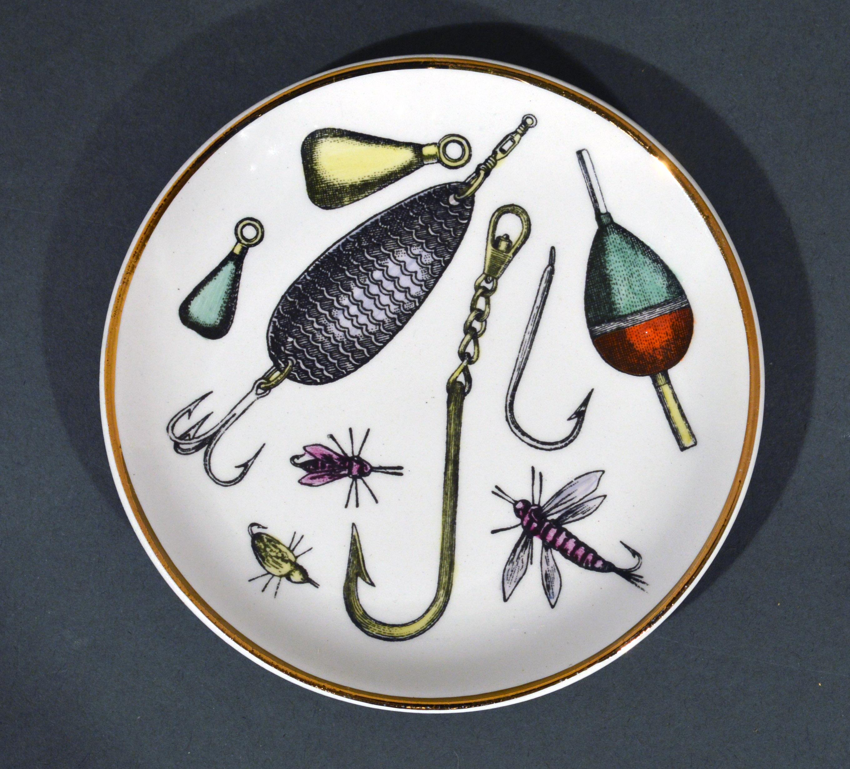 Ceramic Piero Fornasetti Fishing Lures Coaster Set La Pesca Pattern, 1960s