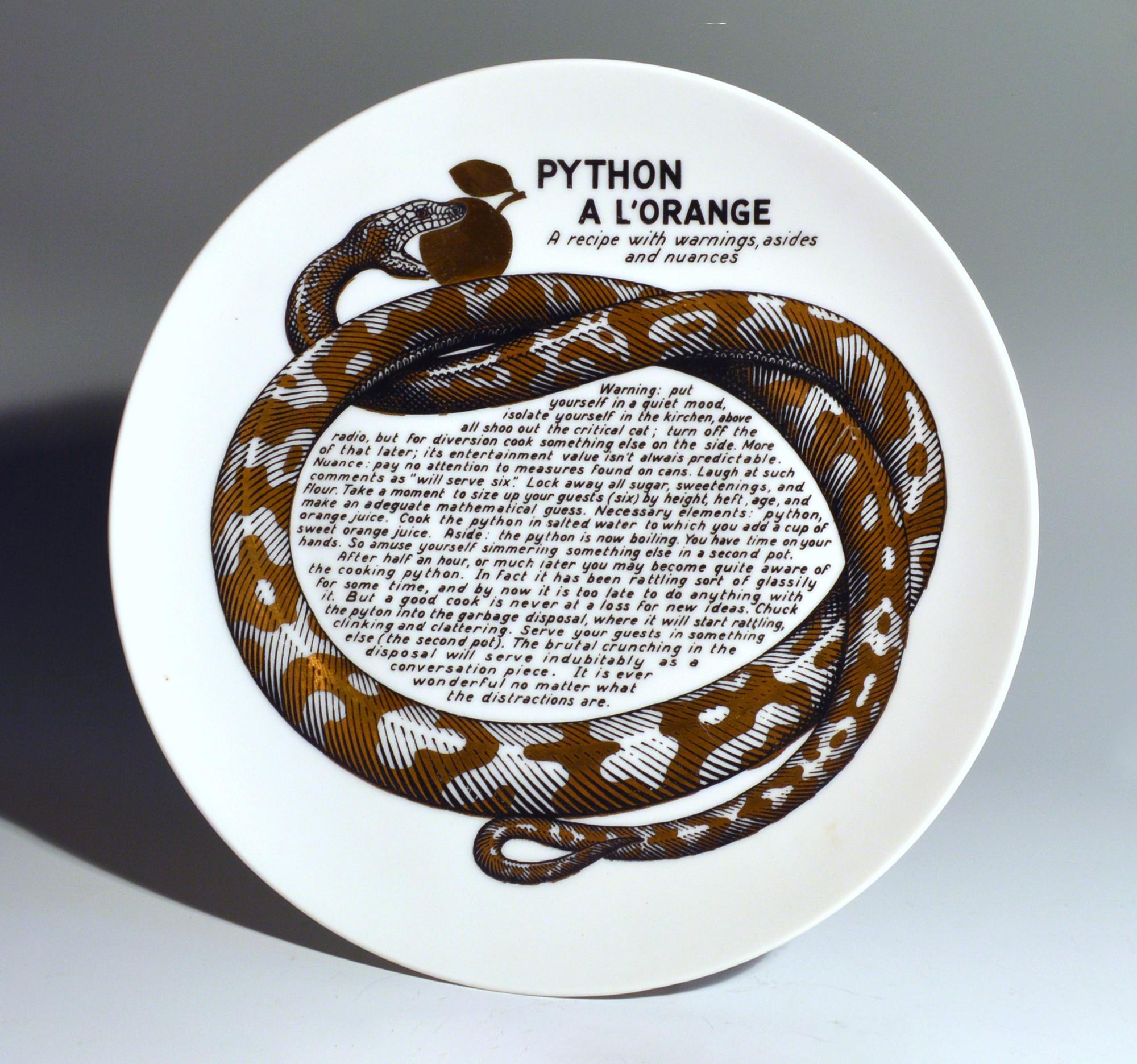Piero Fornasetti Fleming Joffe Porcelain Plate- Python A La Orange Moderno de mediados de siglo en venta