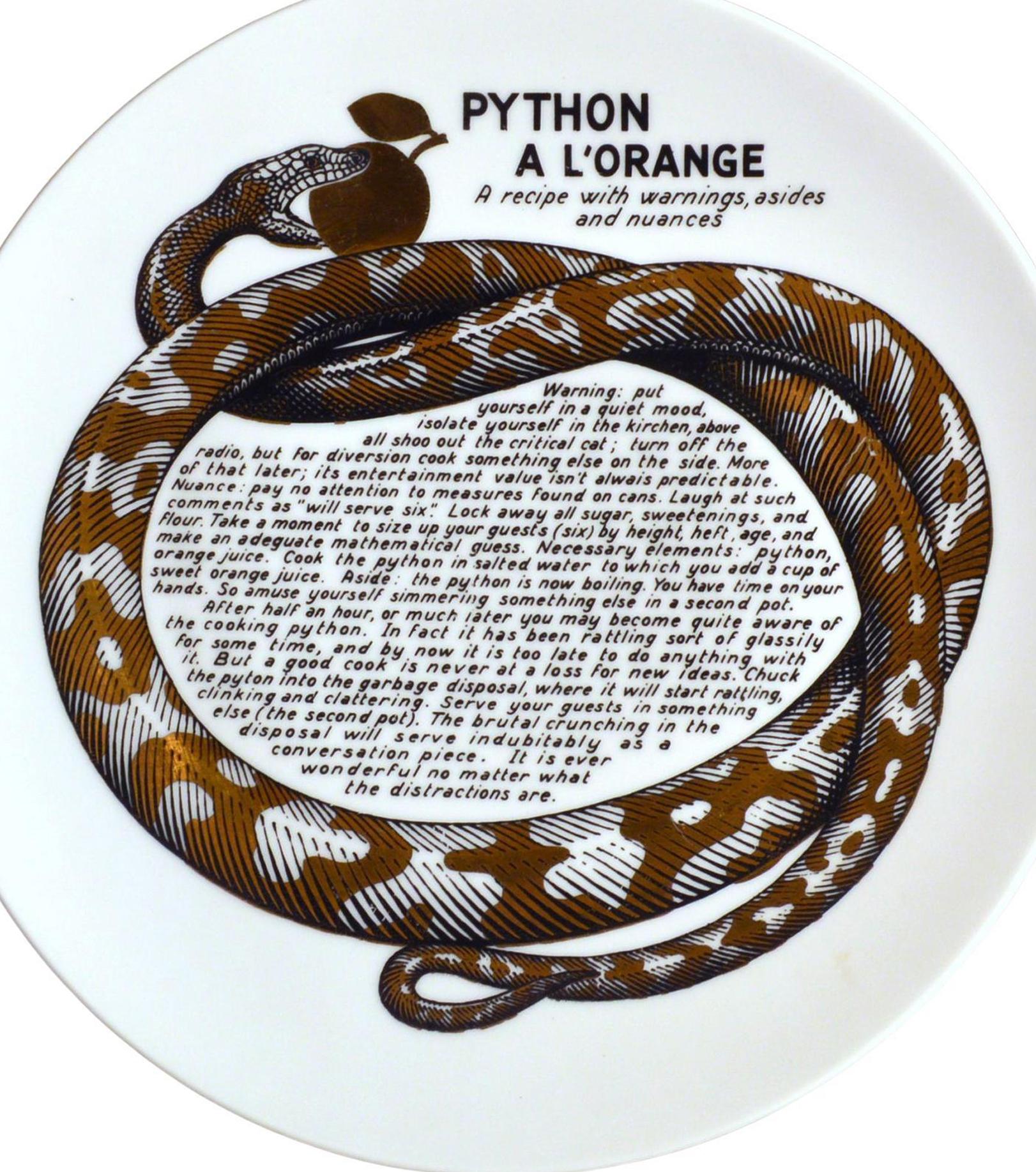 Piero Fornasetti Fleming Joffe Porcelain Plate- Python A La Orange en venta 1