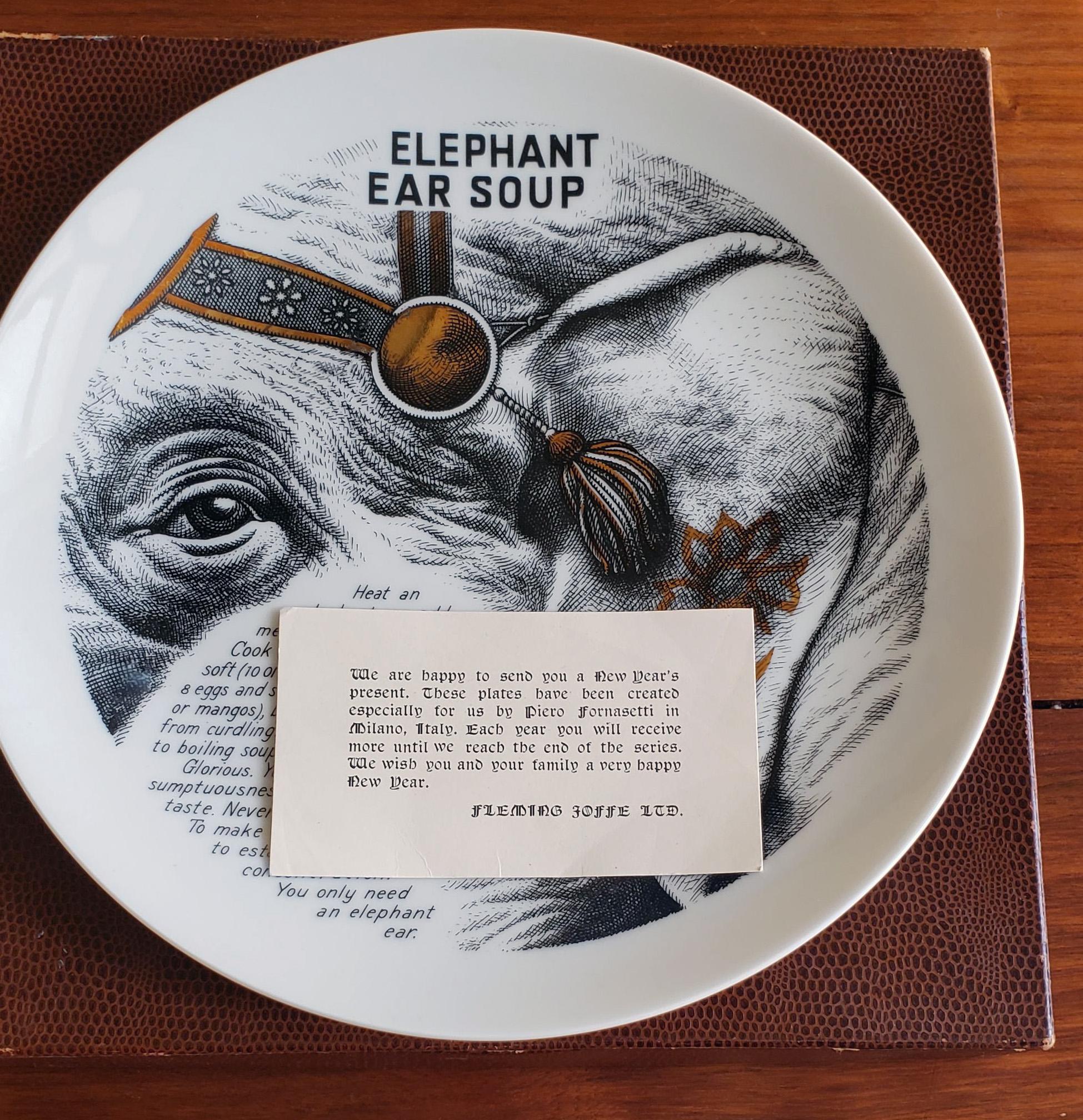 Mid-Century Modern Piero Fornasetti Fleming Joffe Porcelain Recipe Plate, Elephant Ear Soup